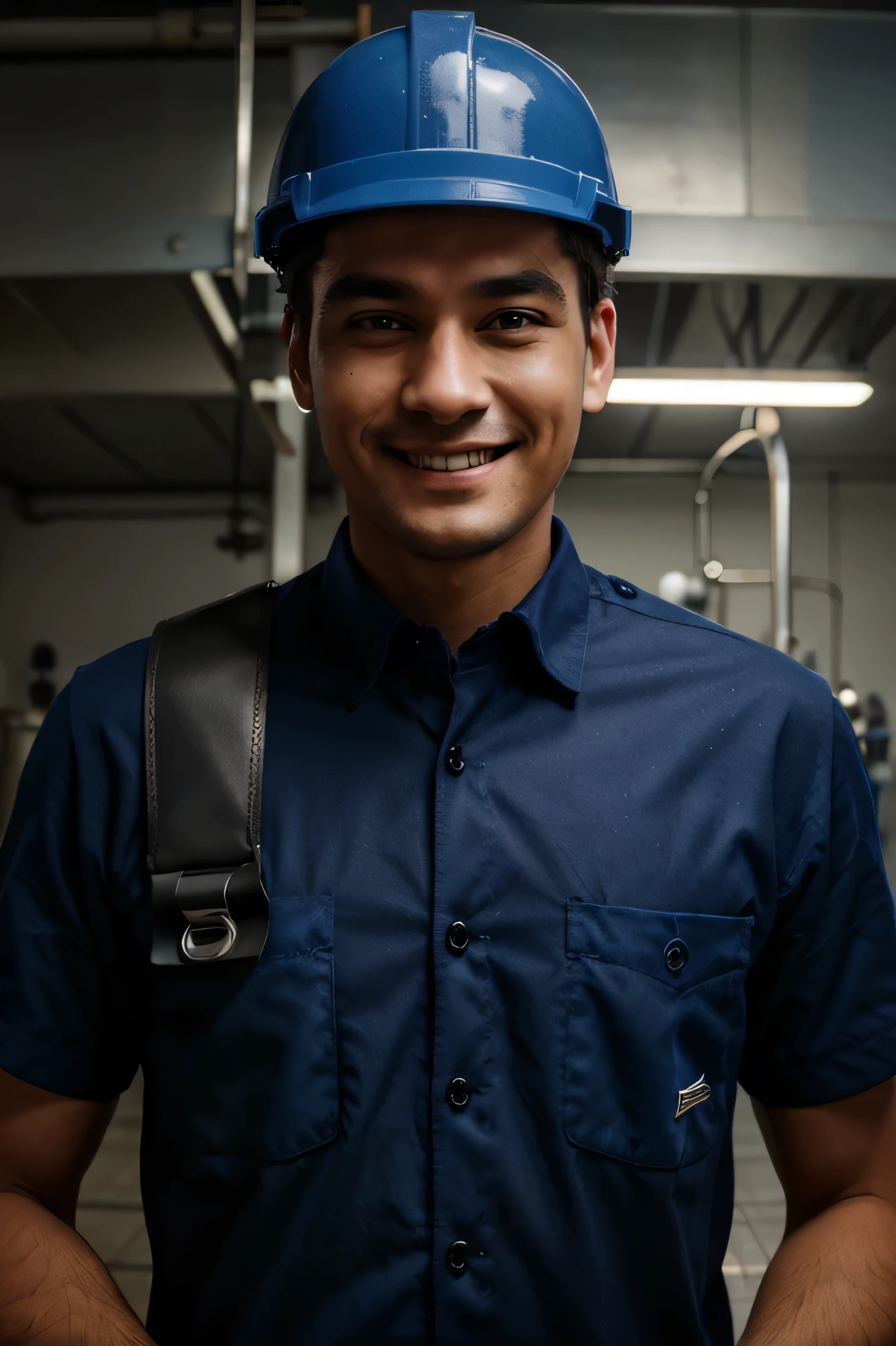 Create man a smiling factory worker wearing a dark blue uniform and light blue details with safety equipment