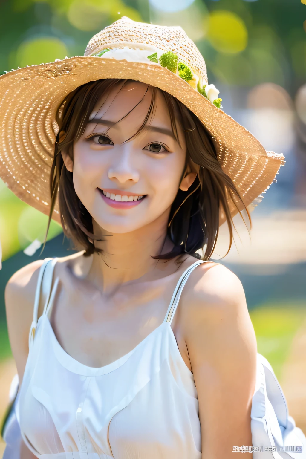 (Playing in the park:1.5)、(Full-body photo:1.5)、highest quality, Photorealistic, Very detailed, finely, High resolution, 8K Wallpaper, Professional, High level of detail, ((11-year-old elementary school student:1.2)), Slender Japanese women,Pretty lips, (Beautiful long lashes:1.2)、Detailed clavicle, Perfect Face, (Cute short bob hair:1.5),Top Quality,Ultra-clear resolution,Clear Eyes,Sunburned skin,Perfect small breasts,have perfect legs,(An innocent smile:1.5)、Cute hat、Cute dress with floral pattern、
