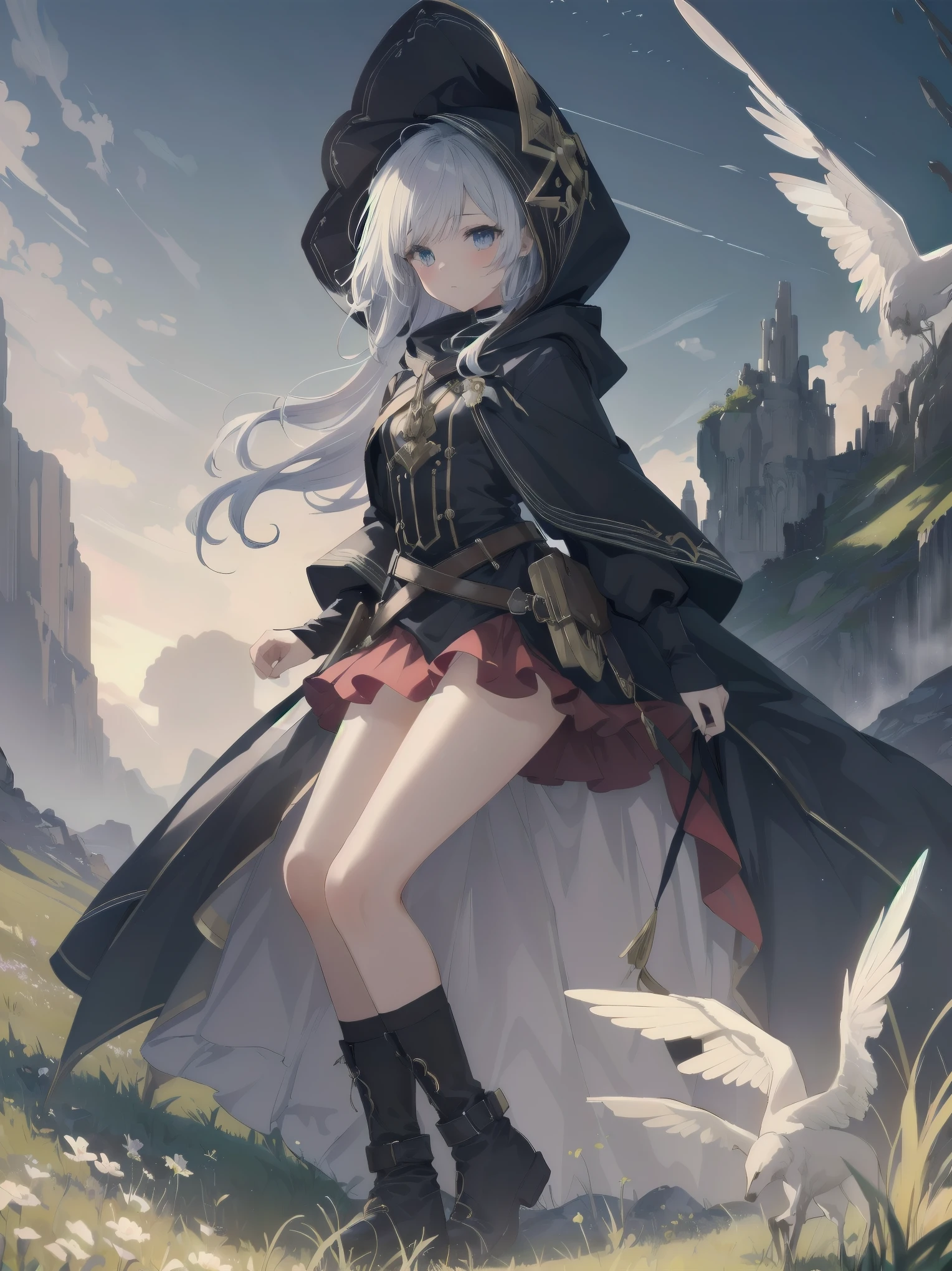 (Masterpiece, top quality, highest quality, official art, beautiful and aesthetic: 1.2), 1 girl, solo, marquise, adventurer, hood, meadow, detailed background, otherworldly fantasy with overwhelming modeling and super detailed amount of writing, one of the most powerful battle scenes, deep and detailed background, cute and beautiful girl, imaginative Cute girls, imaginative posing