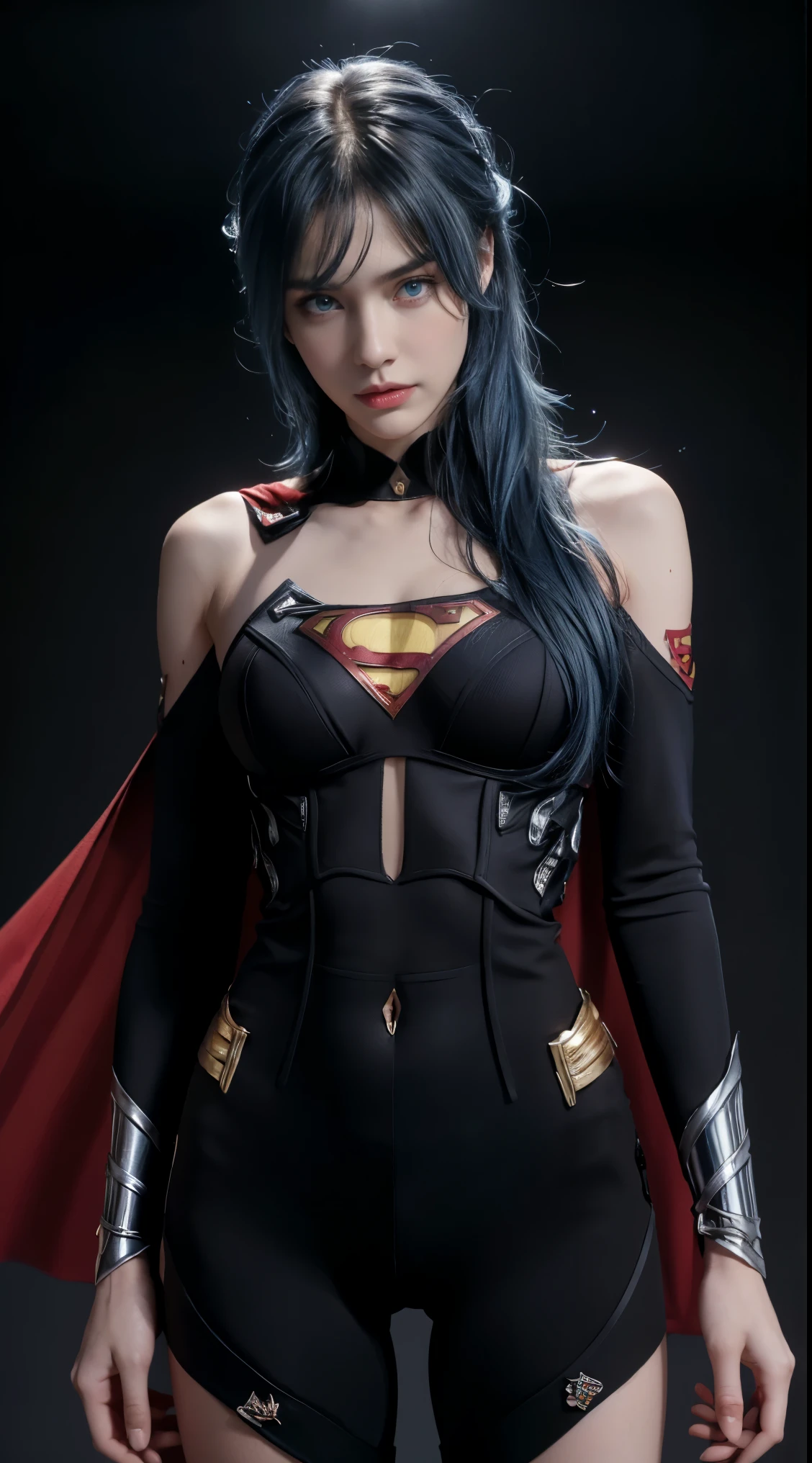 8K, Top Quality, Intricate Details, Ultra Detail, Ultra High Resolution, Masterpiece, close up shot, (full body: 1.1), Slender, Smile, (Makeup: 0.4), (Fluffy Blue Eyes: 1.21), (()), 1girl, solo, 1 girl, ((blue hair, bangs)), close up shot, , ((tall)), (((fit body))), (((slim face))), sharp face, (()) ,(detailed face), sharp face, small lips, , , ,
((, )), , ((superman)), detailed face, , Narrow Waist, Skinny, tall , 175 cm tall, Muscular, Navel, Exposed Abdomen, Pointed Chest,, Beautiful girl with accentuated slender abs: 1.4, Six Pack Abs: 1.4, Bust Botox, Big, Perfect Body, detail leg, (( dark background)), black background,
