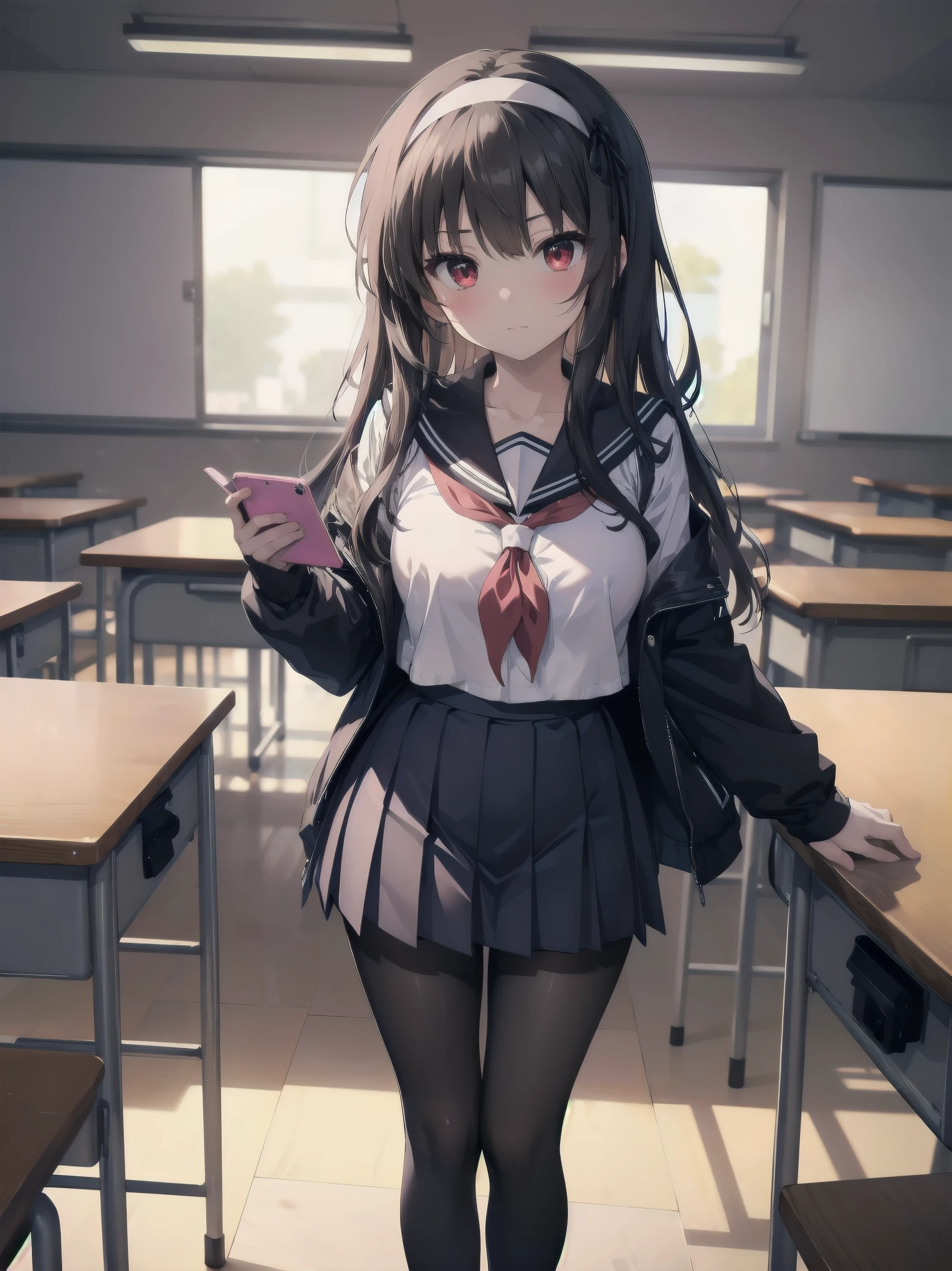 an anime girl standing in an empty room with a phone to her ear, 1girl, solo, , pantyhose, skirt, indoors, hairband, long hair, kasumigaoka utaha, looking at viewer, black hair, red eyes, breasts, blush, pleated skirt, black pantyhose, classroom, white hairband, long sleeves, bangs, neckerchief, closed mouth, desk, sailor collar, serafuku