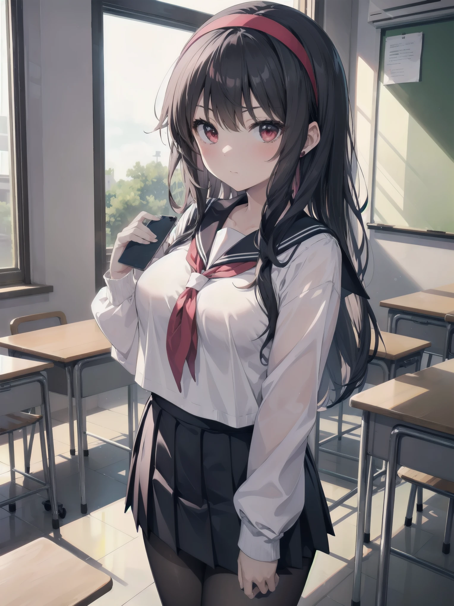 an anime girl standing in an empty room with a phone to her ear, 1girl, solo, , pantyhose, skirt, indoors, hairband, long hair, kasumigaoka utaha, looking at viewer, black hair, red eyes, breasts, blush, pleated skirt, black pantyhose, classroom, white hairband, long sleeves, bangs, neckerchief, closed mouth, desk, sailor collar, serafuku