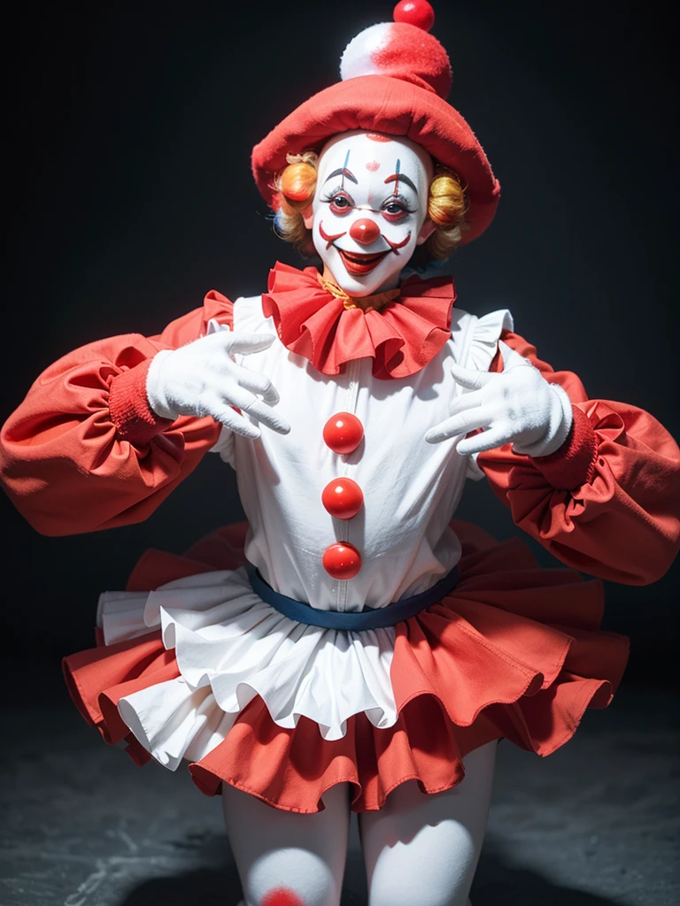Clean background, picture proportion coordination, (white face clown :1.5), wearing a colorful knitted texture hat, highly detailed hat, full-body shot, realistic style, (face thickly painted white), red mouth, (nose wearing red sponge ball), movie light effect, funny action, (Happy clown), looking at the audience, white gloves, holding a black magic wand, Clown costume, red big head plush shoes, highest quality, master art, masterpiece, (with very high artistic viewing), 4K quality,
