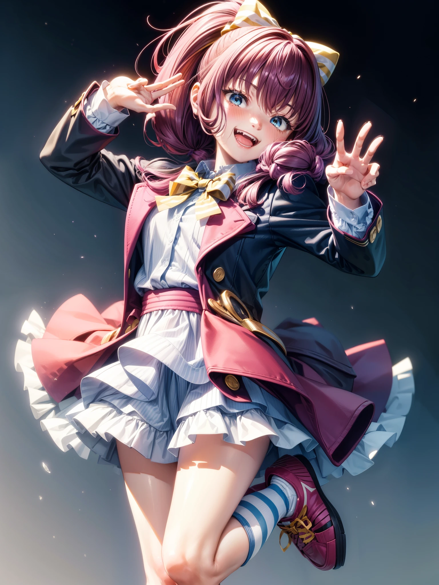 1girl, solo, bow, striped bow, brown hair, shoes, open mouth, blue eyes, striped, jacket, smile, hair bow, blue jacket, fang, pink bow, long sleeves, :d, black background, full body, arm up, bangs, looking at viewer, simple background, socks, bowtie, yellow bow, pink bowtie, standing, ponytail, yellow socks, dress, striped bowtie, hand up, hair between eyes, blush, sneakers, white dress, clenched hand, waving, open jacket, high ponytail 