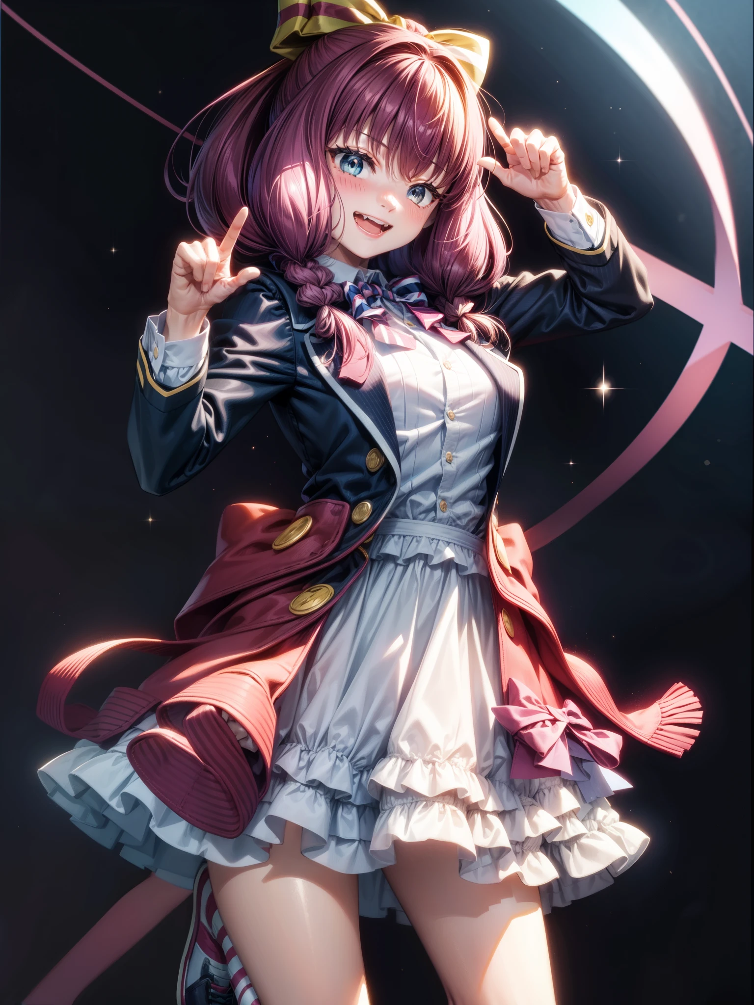 1girl, solo, bow, striped bow, brown hair, shoes, open mouth, blue eyes, striped, jacket, smile, hair bow, blue jacket, fang, pink bow, long sleeves, :d, black background, full body, arm up, bangs, looking at viewer, simple background, socks, bowtie, yellow bow, pink bowtie, standing, ponytail, yellow socks, dress, striped bowtie, hand up, hair between eyes, blush, sneakers, white dress, clenched hand, waving, open jacket, high ponytail 