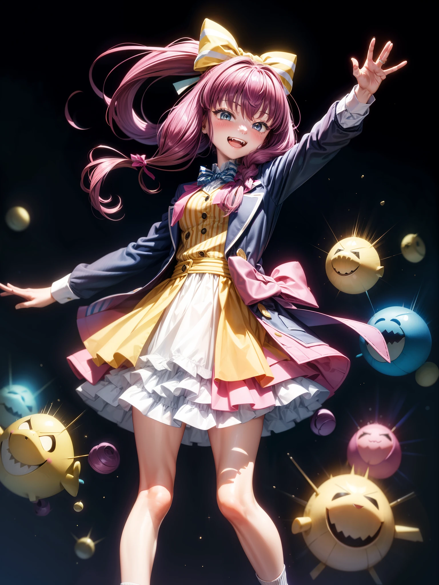 1girl, solo, bow, striped bow, brown hair, shoes, open mouth, blue eyes, striped, jacket, smile, hair bow, blue jacket, fang, pink bow, long sleeves, :d, black background, full body, arm up, bangs, looking at viewer, simple background, socks, bowtie, yellow bow, pink bowtie, standing, ponytail, yellow socks, dress, striped bowtie, hand up, hair between eyes, blush, sneakers, white dress, clenched hand, waving, open jacket, high ponytail 