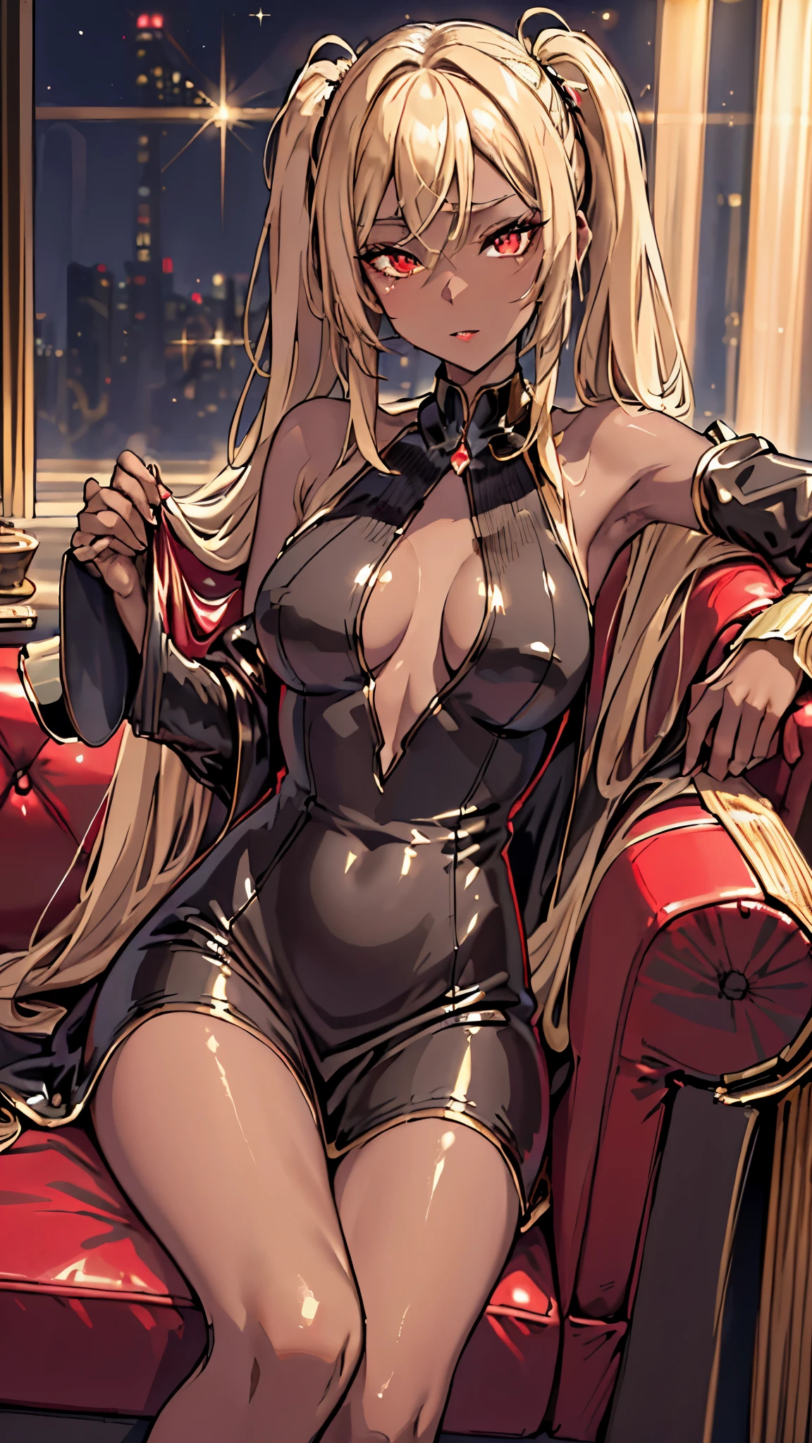 (masterpiece:1.2, best quality), (Nightlounge:1.3, loungegirl:1.3, Sequined Velvet Split Dress:1.2), , sit, blonde, twintails, red eyes, open collabone, darkskin, Sit shallowly on the bright red leather sofa、drink alcohol、Red face