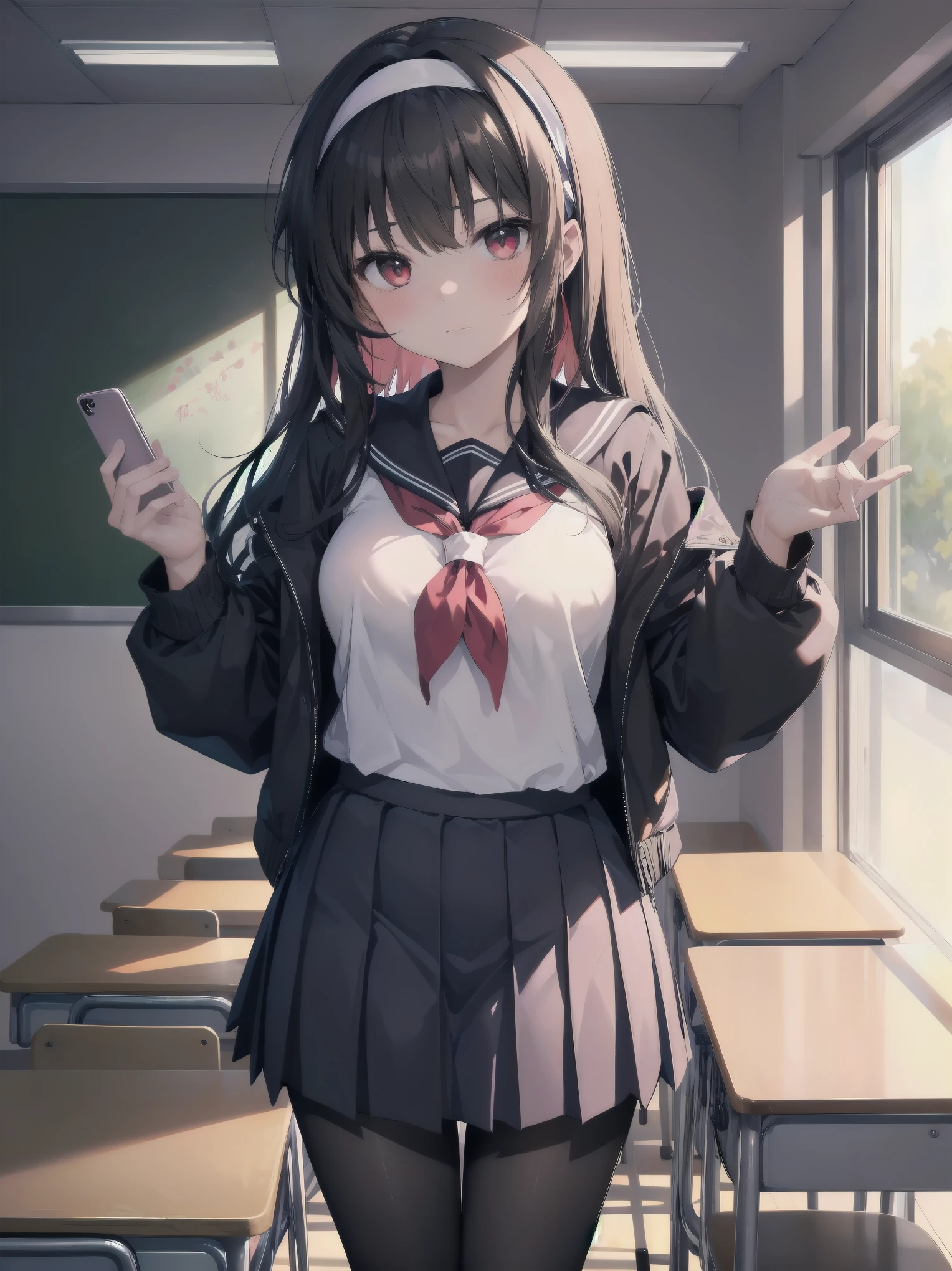 an anime girl standing in an empty room with a phone to her ear, 1girl, solo, , pantyhose, skirt, indoors, hairband, long hair, kasumigaoka utaha, looking at viewer, black hair, red eyes, breasts, blush, pleated skirt, black pantyhose, classroom, white hairband, long sleeves, bangs, neckerchief, closed mouth, desk, sailor collar, serafuku