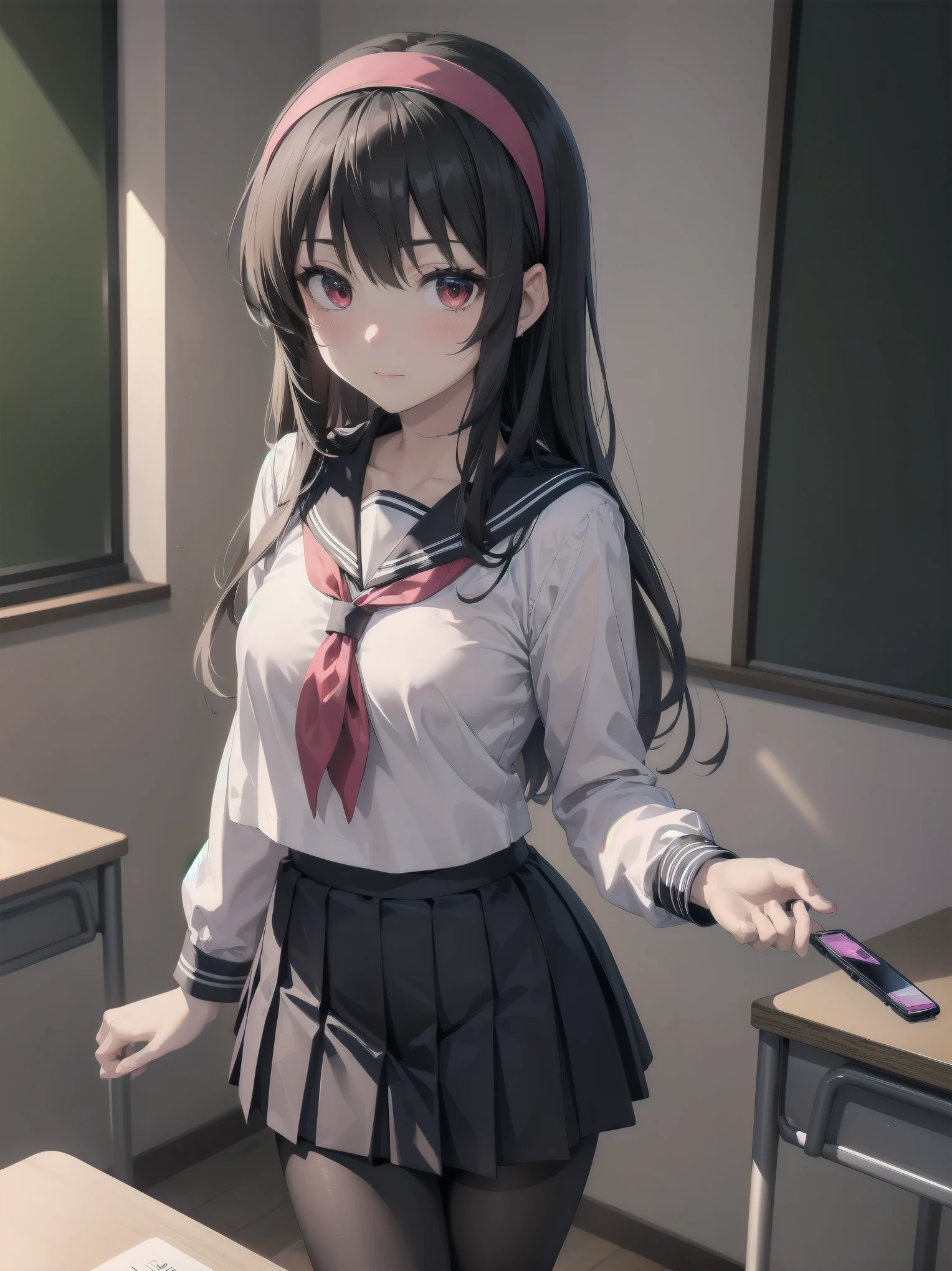 an anime girl standing in an empty room with a phone to her ear, 1girl, solo, , pantyhose, skirt, indoors, hairband, long hair, kasumigaoka utaha, looking at viewer, black hair, red eyes, breasts, blush, pleated skirt, black pantyhose, classroom, white hairband, long sleeves, bangs, neckerchief, closed mouth, desk, sailor collar, serafuku