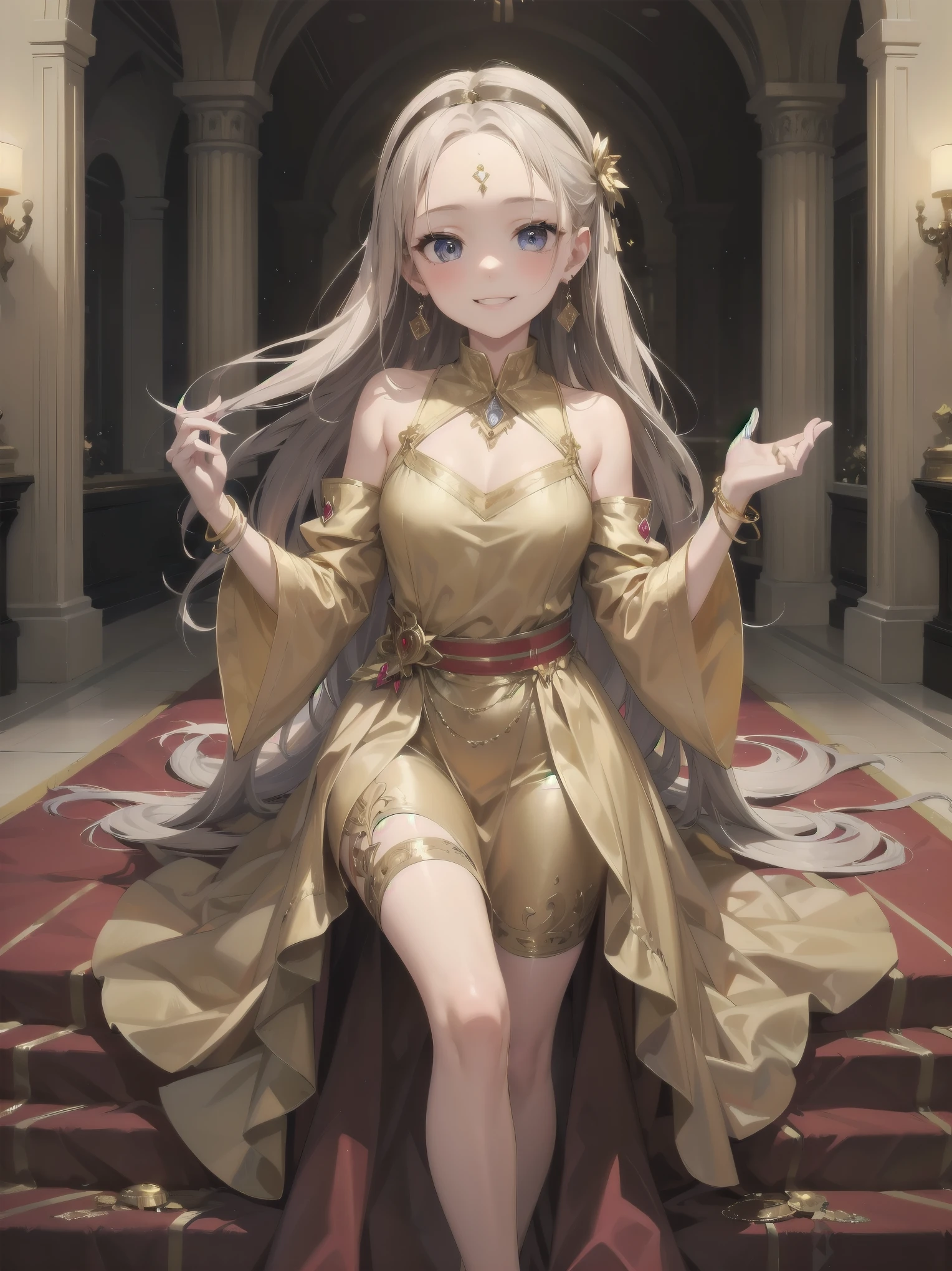1girl, 11 years old, smile, looking at viewer, solo, gold dress, jewelry, bracelet, earring, detached sleeves, forehead, long hair, palace