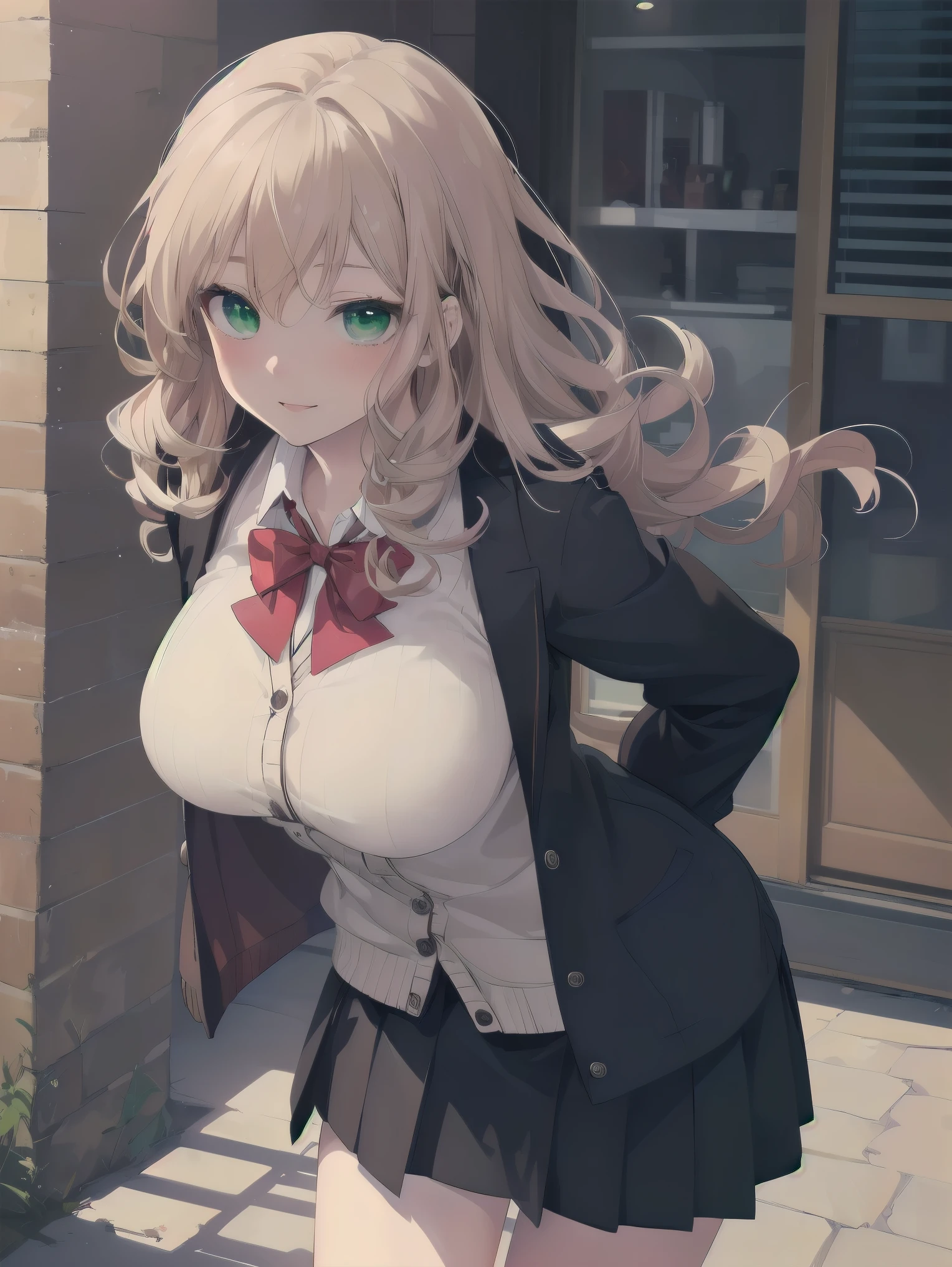((Tabletop, highest quality, High resolution, Perfect Pixel, Depth of written boundary, 4K))), One Girl, single, alone, Beautiful Anime Girls, Beautiful art style, Anime characters, ((Long Hair, bangs, Dark brown hair, Curly Hair:0.8)), ((Green Eyes:1.4, Fine grain, Beautiful Eyes, Perfect Eyes,Curled eyelashes, Realistic eyes)), ((Detailed face, Blushing:1.2)), ((Smooth texture:0.75, Realistic texture:0.5, Anime CG Style)), Huge breasts that look like they might explode, Dynamic Angle, Big Breasts, Perfect body, Dynamic pose, ((Red bow tie, , Black jacket, Open jacket, Brown cardigan, White shirt, Black Skirt, Checked skirt)), smile, Open your mouth, Put your arms behind your back, Leaning forward, Amalment Park