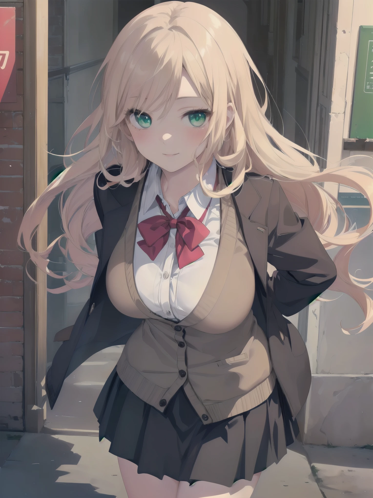 ((Tabletop, highest quality, High resolution, Perfect Pixel, Depth of written boundary, 4K))), One Girl, single, alone, Beautiful Anime Girls, Beautiful art style, Anime characters, ((Long Hair, bangs, Dark brown hair, Curly Hair:0.8)), ((Green Eyes:1.4, Fine grain, Beautiful Eyes, Perfect Eyes,Curled eyelashes, Realistic eyes)), ((Detailed face, Blushing:1.2)), ((Smooth texture:0.75, Realistic texture:0.5, Anime CG Style)), Huge breasts that look like they might explode, Dynamic Angle, Big Breasts, Perfect body, Dynamic pose, ((Red bow tie, , Black jacket, Open jacket, Brown cardigan, White shirt, Black Skirt, Checked skirt)), smile, Open your mouth, Put your arms behind your back, Leaning forward, Amalment Park

