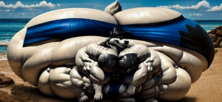 4k, high resolution, best quality, perfect lightning, perfect, solo, anthro, young, boy,white wolf:2.0, furry body, (fluffy mane:1.2), fluffy tail, male, adult, (bulky2:0, thick muscles2:0, huge muscles:2.0, hyper muscles:2.0), (thick biceps, veiny biceps, broad shoulders:2.0), (thick legs, thick calves:1.1), (digitigrade legs, 4 toes:1.2), perfect colors, (photorealistic fur, detailed fur, epic, masterpiece), (suggestive posing:1.2), (seductive smile, lustful grin 1.3), detailed beach,detailed wolf eyes:2.0, by k0suna, by darkgem,nipple ring,hyper arms:2.0,veins,white body,white fur,hyper butt:2.0,hyper paws:2.0,standing,thick legs,thick butts:2.0,sweat body:2.0,massive butt:2.0,black hat,hyper ass:2.0,huge ass,long legs,juicy butt:2.0,butt like a wall,fat butt,butt fill most of picture:2.0,fat legs