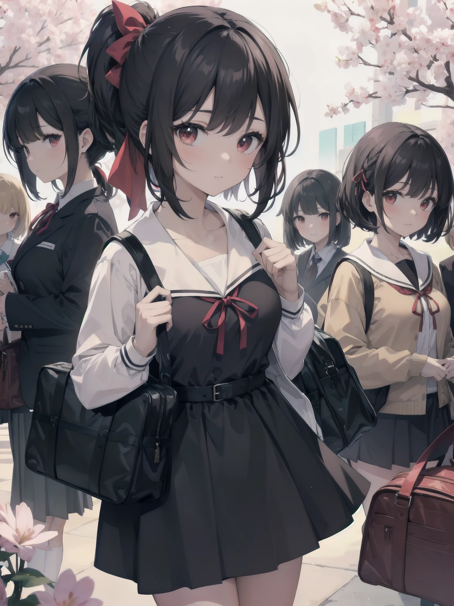 Masterpiece, top quality, super detailed, 16k, One girl, spring, high school, warm colors, school bag, accurate and highly detailed background, flock of schoolgirls in uniforms of various body shapes and hairstyles, cute. Blake. , red eyes, black hair, ribbon, red ribbon, hair ribbon, parted bangs, folded ponytail, , shuuchiin academy , dress, sidelocks, breasts, black dress, collarbone, short hair, long sleeves