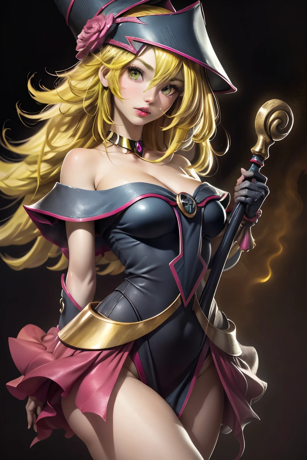 (8k,fotorrealista　raw photography　the highest quality;1.4) 　(1chica en)　Super belleza　(cara realista)　cuerpo femenino 　(Rubia de rizos largos)　Hold a black and red magic wand　Escena de combate　Magic hat with black and gold exterior　Beautiful expression　Deslumbramiento　(Piel de aspecto real)　(Giles magos oscuros)　tentador　super high resolution　Un hiperrealista　Alto detalle　foto de cuerpo completo　restos