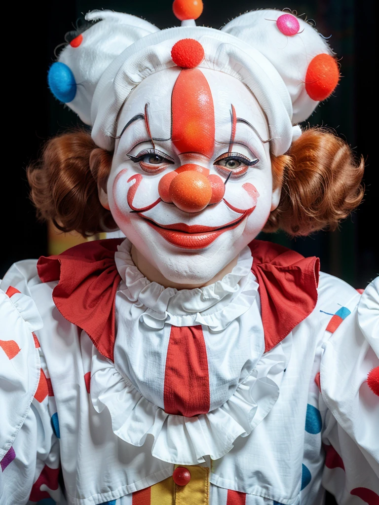 Clean background, picture proportion coordination, (white face clown :1.5), wearing a colorful knitted texture hat, highly detailed hat, full-body shot, realistic style, (face thickly painted white), red mouth, (nose wearing red sponge ball), movie light effect, funny action, (Happy clown), looking at the audience, white gloves, holding a black magic wand, Clown costume, red big head plush shoes, highest quality, master art, masterpiece, (with very high artistic viewing), 4K quality,