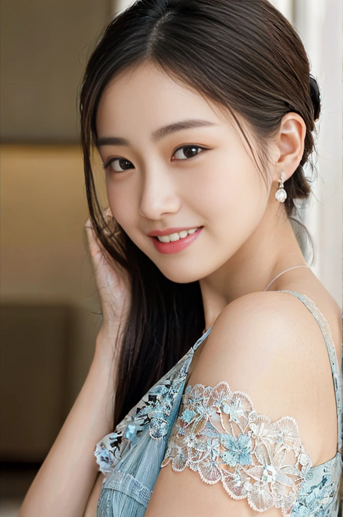 (photorealistic:1.5), [NSFW:1.1], A mesmerizing close-up of an alluring Japanese girl, featuring intricate and lifelike facial details, particularly her enchanting [symmetrical clear ultra beautiful eyes:1.5] and exquisite lips. (Her face is ultra cute and idol-like:1.5).She wears natural makeup.The girl's expression radiates a natural and youthful charm, emphasized by her long and voluptuous eyelashes. She is ladylike. Adorning her face is a fashionable, Short ponytail hairstyle that shimmers with a gentle sheen. Her flawless complexion resembles delicate porcelain, exuding an aura of graceful perfection. The symmetry and refinement of her facial structure accentuate her inherent beauty.

An illuminating big smile graces her countenance, capturing her cheerful and optimistic spirit. Her body possesses ideal proportions, boasting an ultra-slim and graceful waistline. Delicately slender hands and feet further highlight her elegance. (She is wearing a simple and cool lace transparent camisole:1.2).

The portrait is rendered in a photorealistic style, capturing every detail and evoking a sense of realism. The colors used are vibrant and lifelike, breathing life into the image. Soft and warm lighting envelops the scene, casting a gentle glow on the girl's captivating features. Every detail, from the intricate highlights to the subtle shadows, has been meticulously crafted to enhance the overall realism of the portrait. The level of detail is astonishing, allowing viewers to appreciate the fine nuances and textures of the subject.