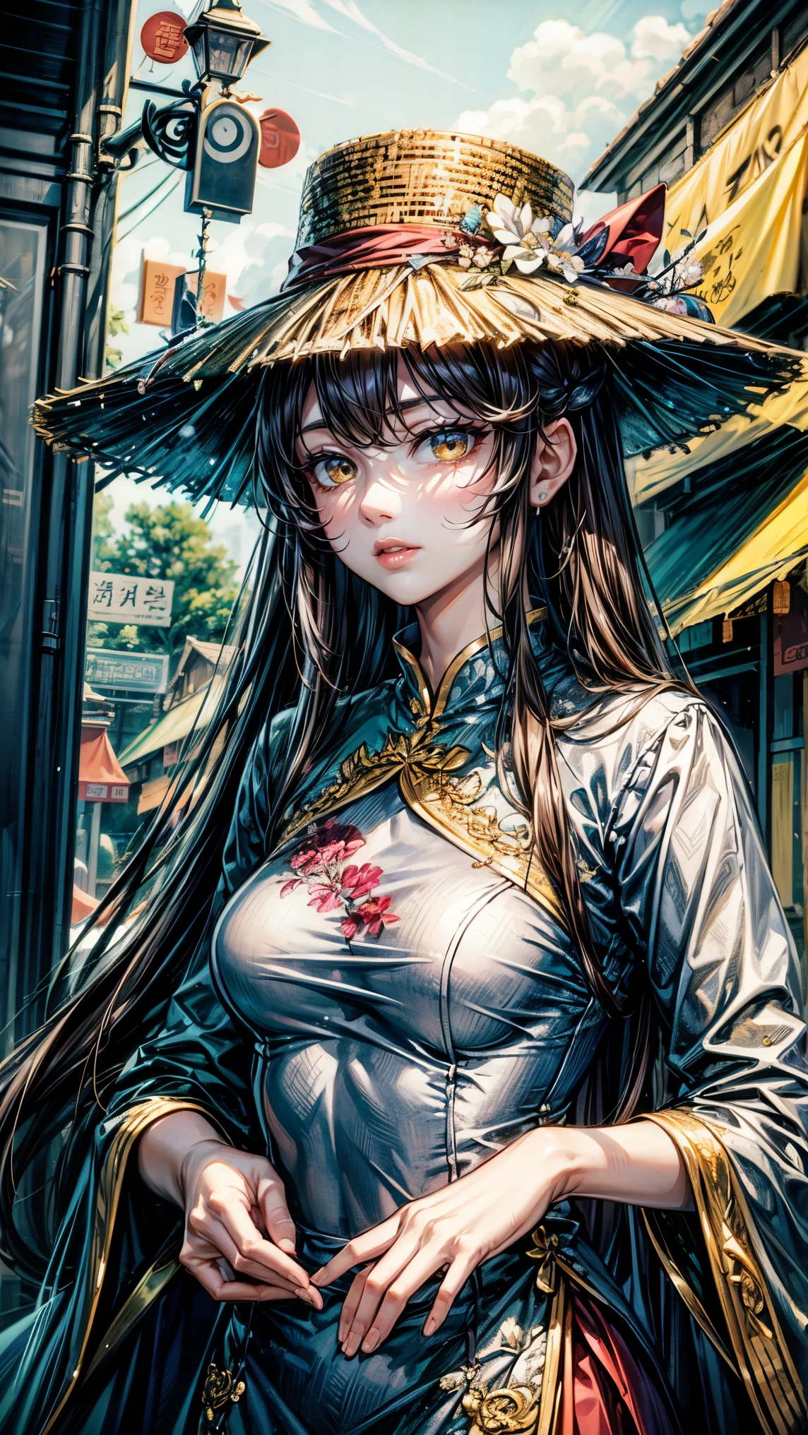 masterpiece,highest quality,Ultra high definition,Vietnam,Towns in Vietnam,ao dai,Vietnamese,Beautiful woman, light brown eyes,Nonrah's hat,Vietnamese Hats
