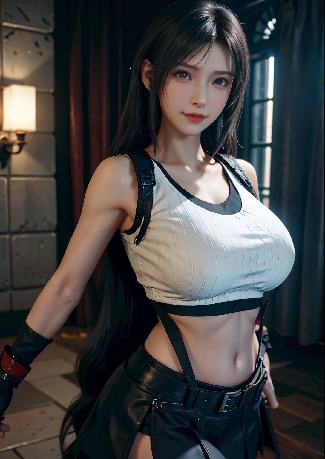 (Realistic: 1.4), highest quality, Very delicate and beautiful, High resolution, One girl, Tifa_Lockhart, smile, Cowboy Shot, suspenders, Low rise, mini skirt, Tank top, Tense shirt, Black Hair, Long Hair, Elbow hand pockets, Beautiful and detailed red eyes, Face Light, Cinema Lighting, belly button, High exposure, Exposed belly, rib, Abdominal muscles, ( Huge breasts: 1.2), Dynamic pose, Dynamic Angle,