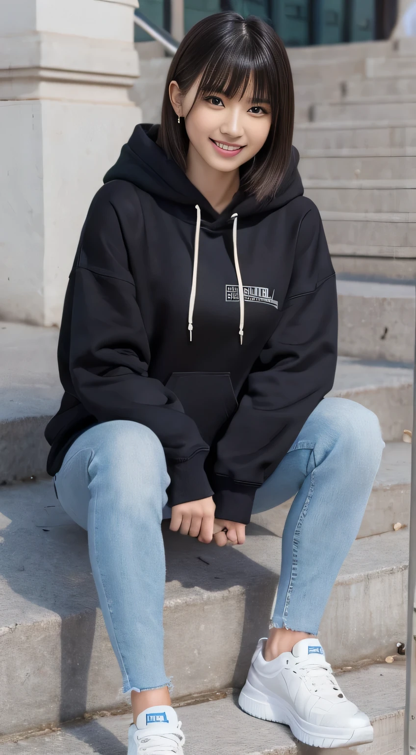 highest quality, Realistic, Very detailed, Finer details, High resolution, 8k wallpaper, One beautiful woman,Sit on the stairs、(Wear black socks)smile、(Beautiful teeth alignment、)(Gums are visible) Oversized hoodie, Skinny jeans,( Black sneakers)、Black Hair、 Beautiful Bangs、ear piercing、Perfect dynamic composition, Beautiful and detailed, Full Body Shot, A big smile