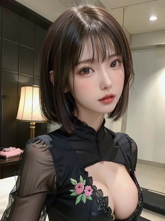masterpiece、highest quality、High resolution、Tabletop、wallpaper、Realistic、Bright lighting、Professional Lighting、Face Light、Smooth lighting、Japanese women、Adult female、Beautiful woman、The actress plays、gravure、sexy、so beautiful、Beautiful Skin、Beautiful and detailed、Detailed face、slim、Medium large breasts、short hair、Brunette colored hair、Brown eyes、Looking at the camera、The model is、Wears a black latex suit with pink and green detailed floral embroidery、The shiny finish of the suit、Contrasting with the soft texture of the embroidery、Highlights exquisite craftsmanship
