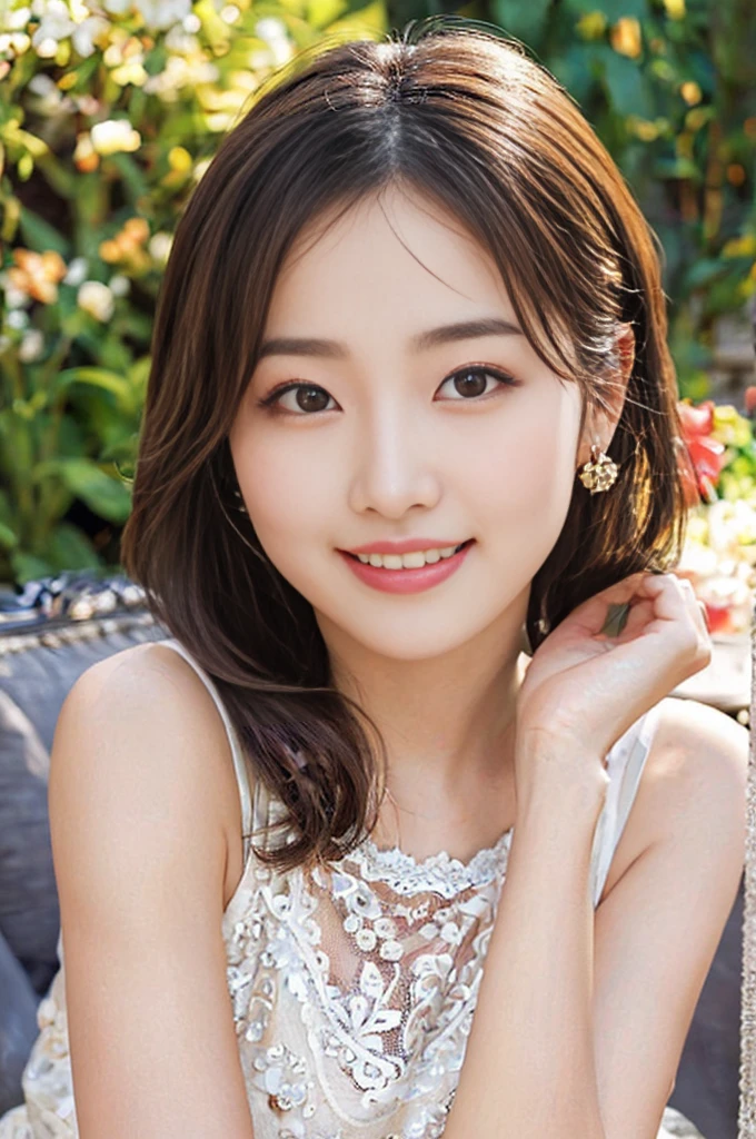 (photorealistic:1.5), [NSFW:1.1], A mesmerizing close-up of an alluring Japanese girl, featuring intricate and lifelike facial details, particularly her enchanting [symmetrical clear ultra beautiful eyes:1.5] and exquisite lips. (Her face is ultra cute and idol-like:1.5).She wears natural makeup.The girl's expression radiates a natural and youthful charm, emphasized by her long and voluptuous eyelashes. She is ladylike. Adorning her face is a fashionable, Short ponytail hairstyle that shimmers with a gentle sheen. Her flawless complexion resembles delicate porcelain, exuding an aura of graceful perfection. The symmetry and refinement of her facial structure accentuate her inherent beauty.

An illuminating big smile graces her countenance, capturing her cheerful and optimistic spirit. Her body possesses ideal proportions, boasting an ultra-slim and graceful waistline. Delicately slender hands and feet further highlight her elegance. (She is wearing a simple and cool lace transparent camisole:1.2).

The portrait is rendered in a photorealistic style, capturing every detail and evoking a sense of realism. The colors used are vibrant and lifelike, breathing life into the image. Soft and warm lighting envelops the scene, casting a gentle glow on the girl's captivating features. Every detail, from the intricate highlights to the subtle shadows, has been meticulously crafted to enhance the overall realism of the portrait. The level of detail is astonishing, allowing viewers to appreciate the fine nuances and textures of the subject.