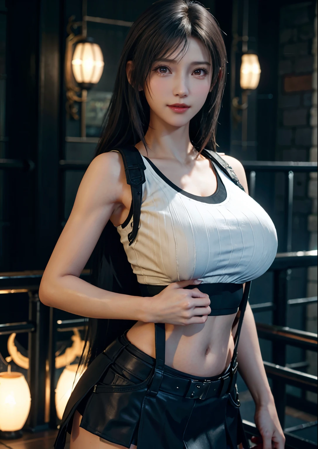 (Realistic: 1.4), highest quality, Very delicate and beautiful, High resolution, One girl, Tifa_Lockhart, smile, Cowboy Shot, suspenders, Low rise, mini skirt, Tank top, Tense shirt, Black Hair, Long Hair, Elbow hand pockets, Beautiful and detailed red eyes, Face Light, Cinema Lighting, belly button, High exposure, Exposed belly, rib, Abdominal muscles, ( Huge breasts: 1.2), Dynamic pose, Dynamic Angle,