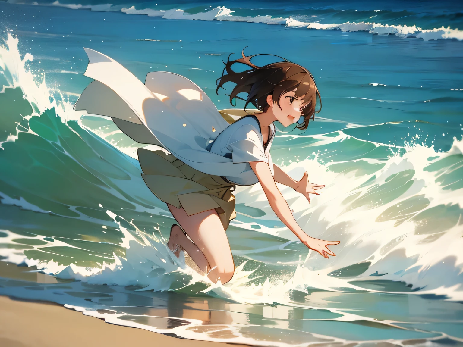 Beautiful sandy beach、A woman is splashing with waves