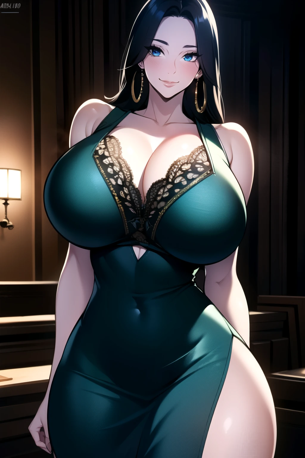 ultra realistic 8k cg, masterpiece, ((ultra detailed background, intricate detail, highly detailed, fine details best quality, hyperdetailed face)), gigantic breasts ,beautiful lighting, absurdres, BoaHancockV2, 1girl, solo, black hair, long hair, jewelry, closed mouth, ), cleavage, minidress, bare shoulders, curvy, midriff, curvy, thighs, shiny clothes), blue eyes, complex detailed background, indoor, palace), ((cowboy shot)), curvy, (gigantic breasts: 1.4), seductive smile, cowboy shot,, earrings, jewelry