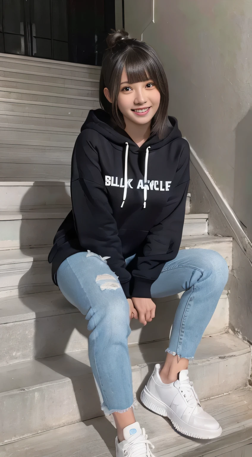 highest quality, Realistic, Very detailed, Finer details, High resolution, 8k wallpaper, One beautiful woman,Sit on the stairs、(Wear black socks)smile、(Beautiful teeth alignment、)(Gums are visible) Oversized hoodie, Skinny jeans,( Black sneakers)、Black Hair、 Beautiful Bangs、ear piercing、Perfect dynamic composition, Beautiful and detailed, Full Body Shot, A big smile