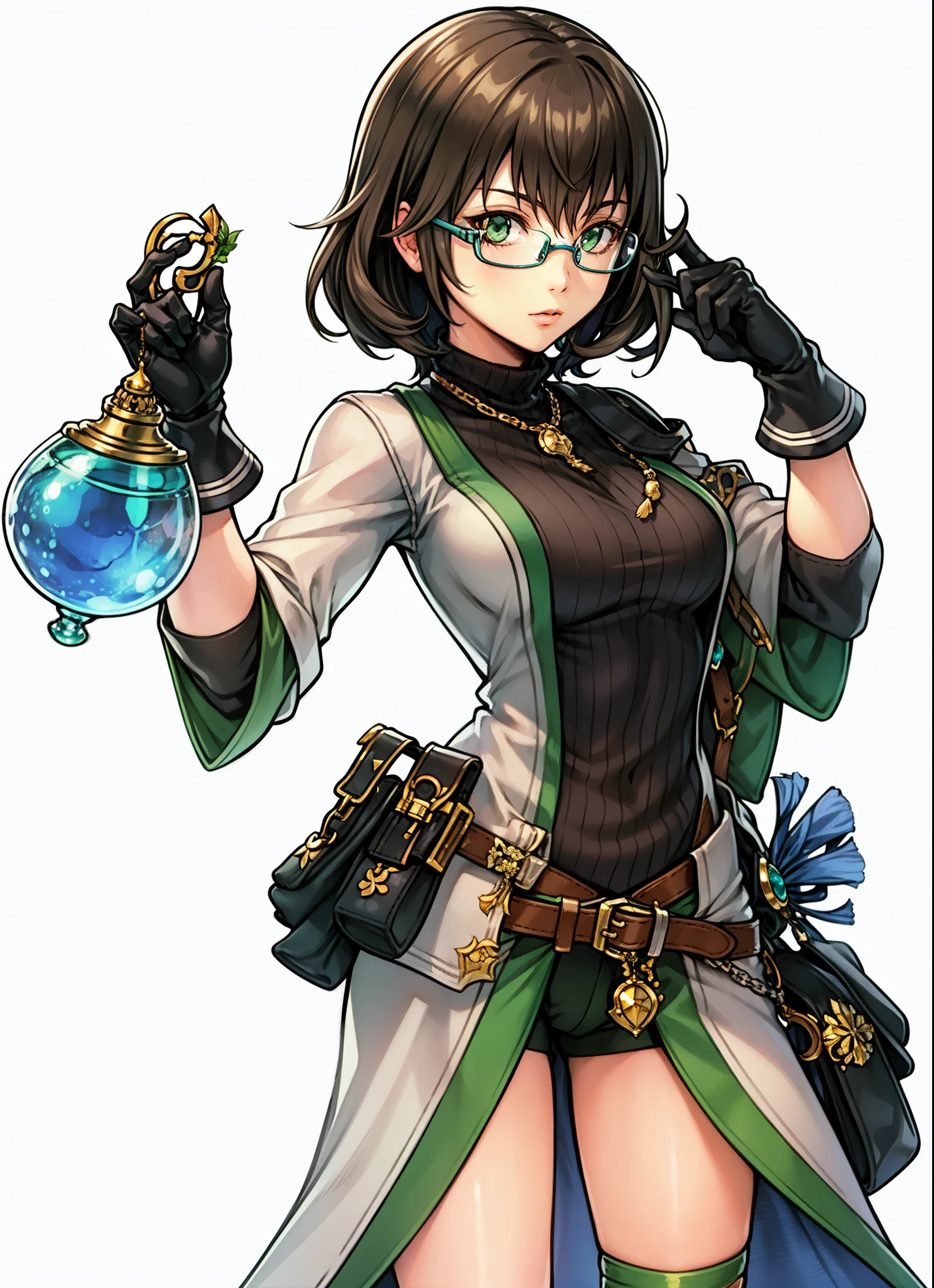 Green eyes, eyeglass, holding blue potion