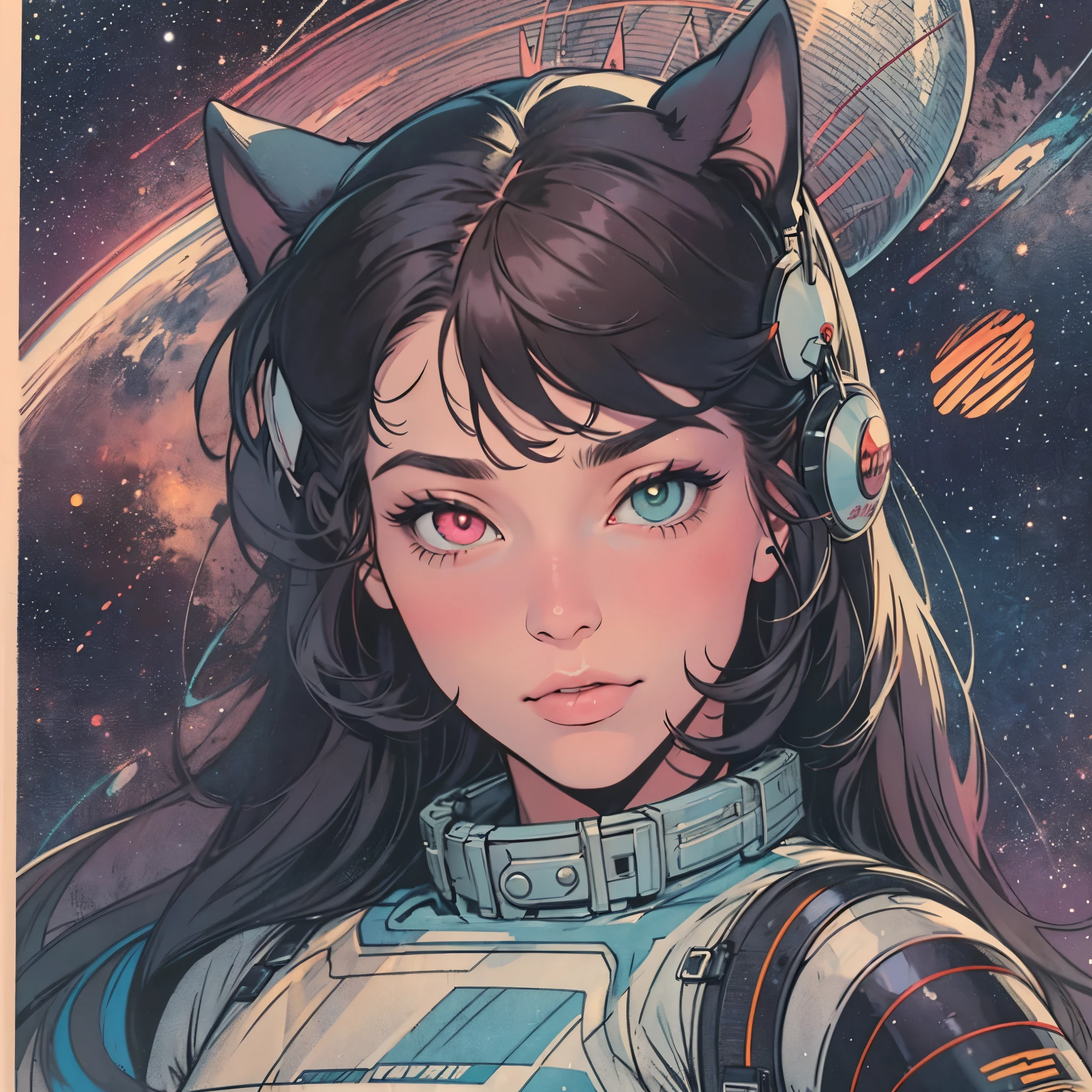 ultimate best quality,beautiful woman,speech bubble,big brest,galaxy,60s,70s,80s,colorful,cosmo,space,((Heterochromia))