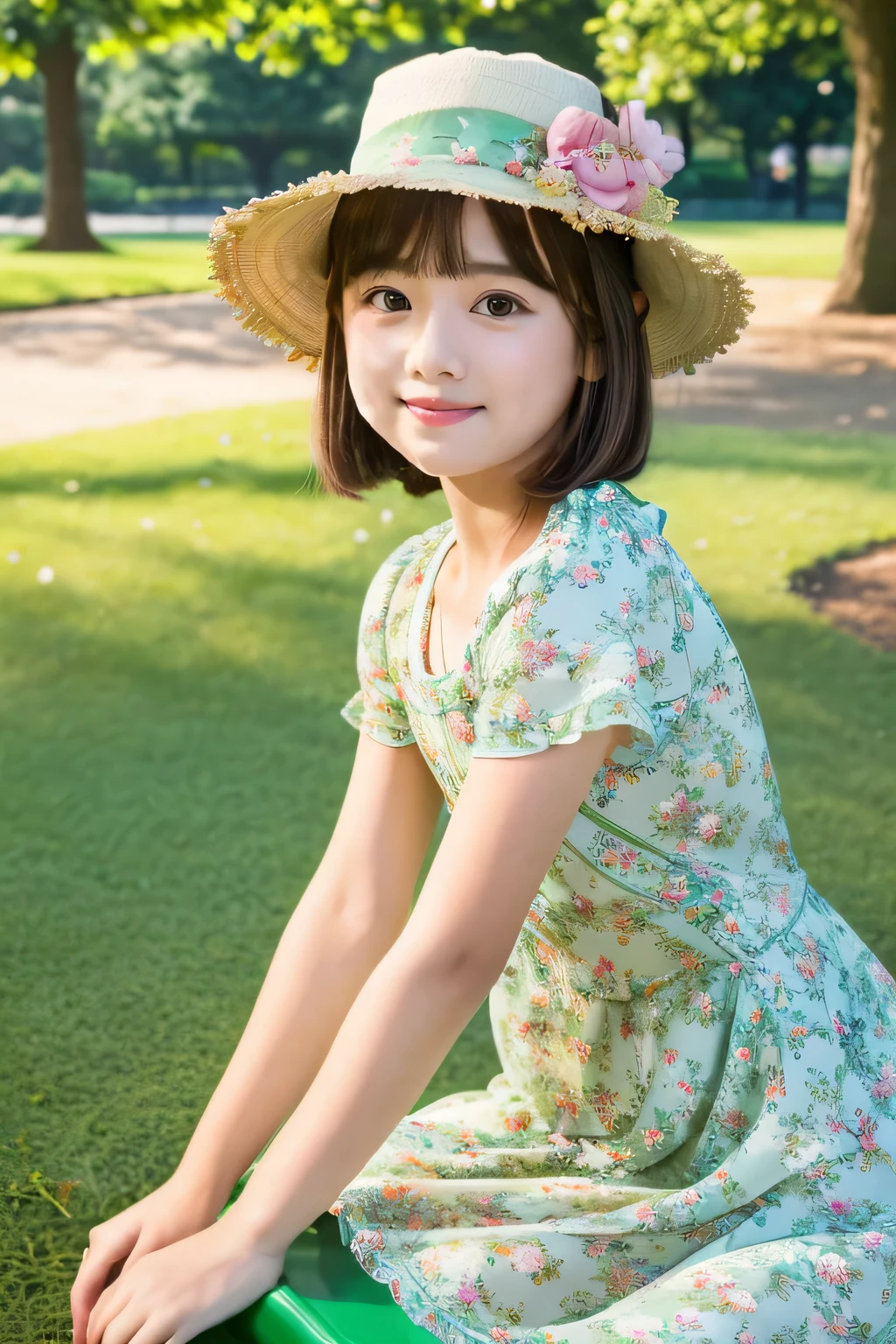 (Playing in the park:1.5)、(Full-body photo:1.5)、highest quality, Photorealistic, Very detailed, finely, High resolution, 8K Wallpaper, Professional, High level of detail, ((10 year old elementary school girl:1.2)), Pretty lips, (Beautiful long lashes:1.2)、 (Cute short bob hair:1.5),Top Quality,(Cute hat and floral dress:1.5)、(Child's body shape:1.5)、Ultra-clear resolution,Clear Eyes,Sunburned skin,(An innocent smile:1.5)、