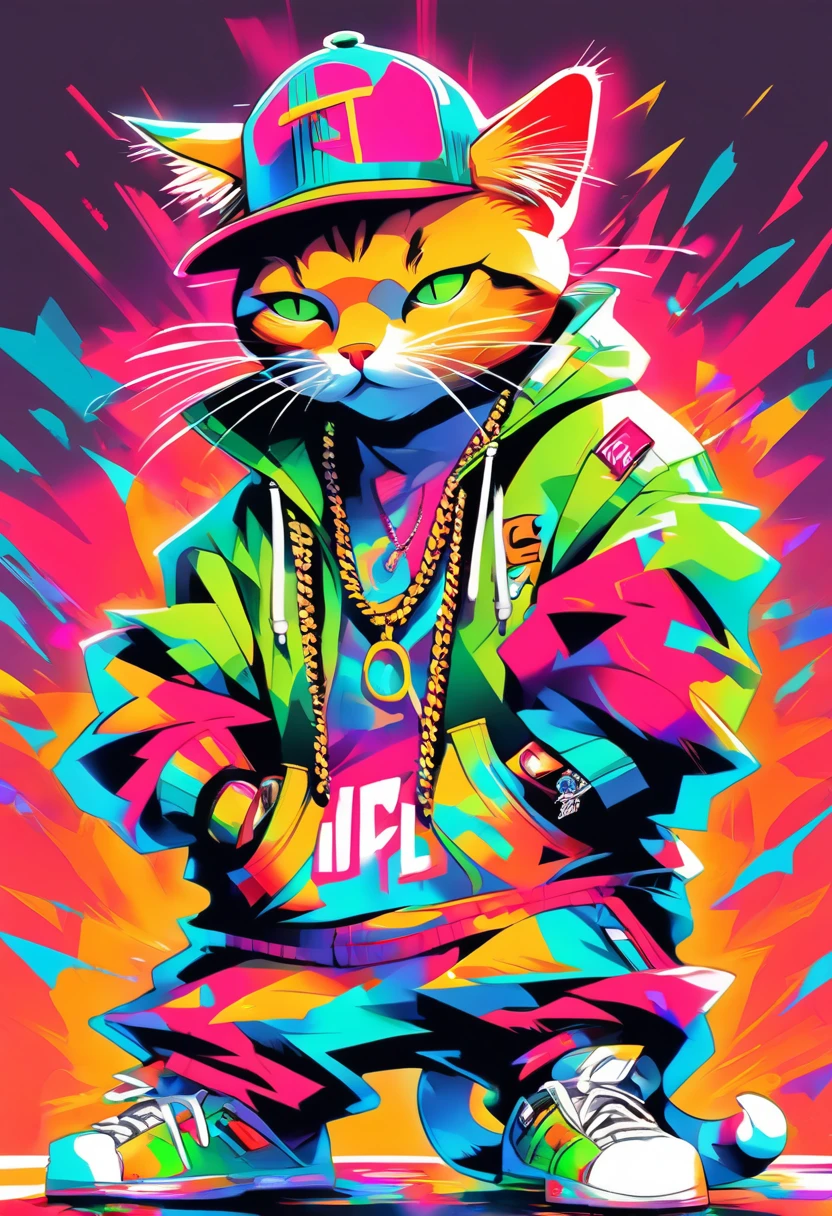 (big picture, ((rapper cat:1.5)), crossed arms pose, typical rapper pose, rapper clothing, colors, green, red, yellow, orange, cyan, masterpiece, hyper-detailed, sharp focus, vibrant colors, artwork: 1.2)