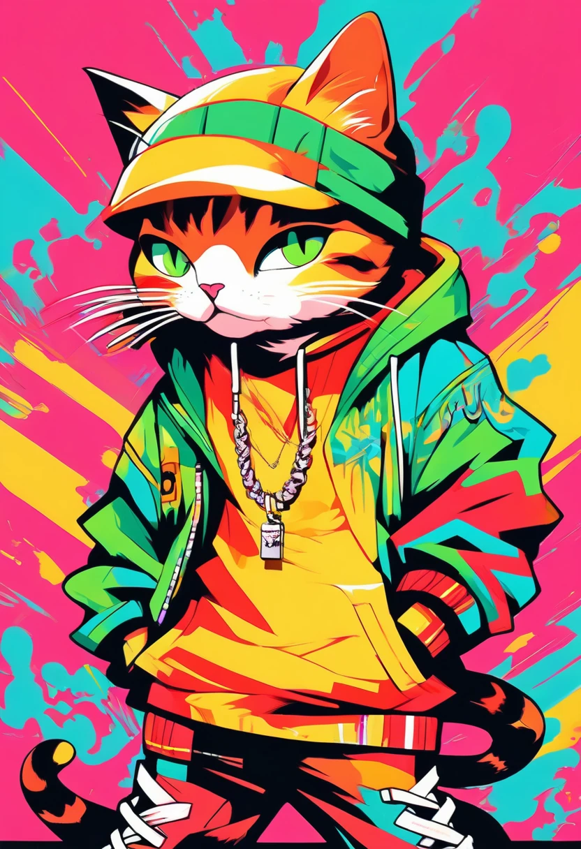 (big picture, ((rapper cat:1.5)), crossed arms pose, typical rapper pose, rapper clothing, colors, green, red, yellow, orange, cyan, masterpiece, hyper-detailed, sharp focus, vibrant colors, artwork: 1.2)