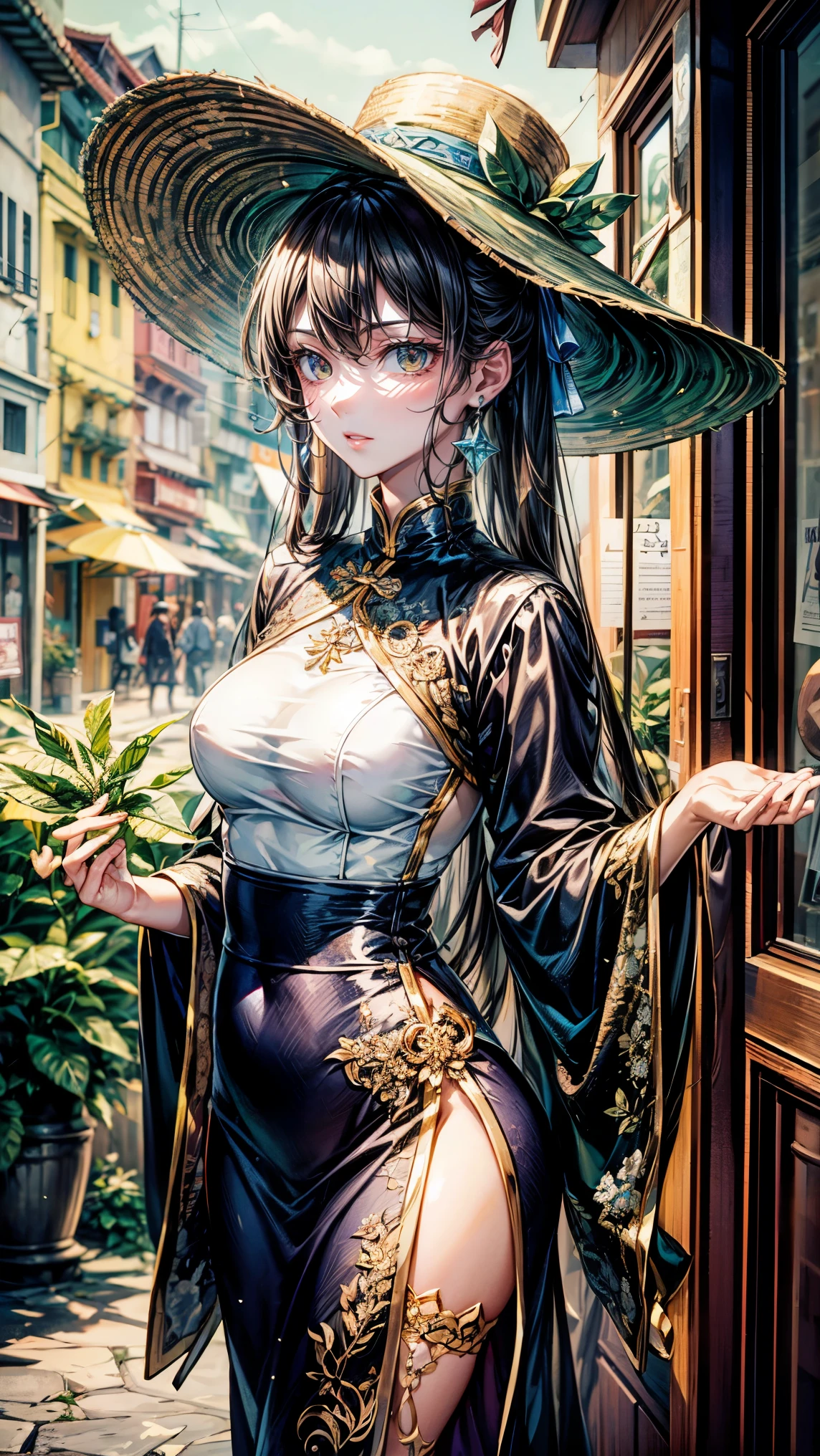 masterpiece,highest quality,Ultra high definition,Vietnam,Towns in Vietnam,ao dai,Vietnamese,Beautiful woman, light brown eyes,Nonrah's hat,Vietnamese Hats