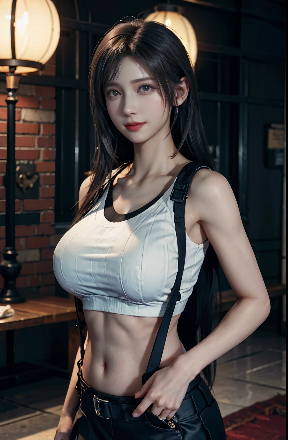 (Realistic: 1.4), highest quality, Very delicate and beautiful, High resolution, One girl, Tifa_Lockhart, smile, Cowboy Shot, suspenders, Low rise, mini skirt, Tank top, Tense shirt, Black Hair, Long Hair, Elbow hand pockets, Beautiful and detailed red eyes, Face Light, Cinema Lighting, belly button, High exposure, Exposed belly, rib, Abdominal muscles, ( Huge breasts: 1.2), Dynamic pose, Dynamic Angle,