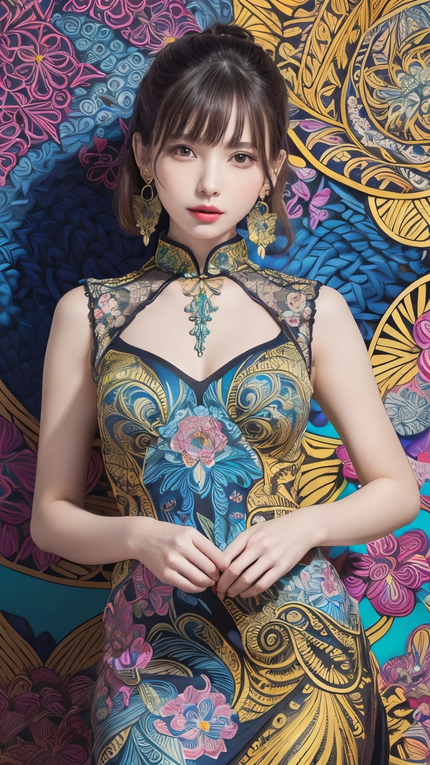 (masterpiece, top quality, best quality, official art, beautiful and aesthetic:1.2), (1girl:1.3), extremely detailed,(fractal art:1.1),(colorful:1.1)(flowers:1.3),highest detailed,(zentangle:1.2), (dynamic pose), (abstract background:1.3), (chinese dress:1.2), (shiny skin), (many colors:1.4), ,(earrings:1.4),