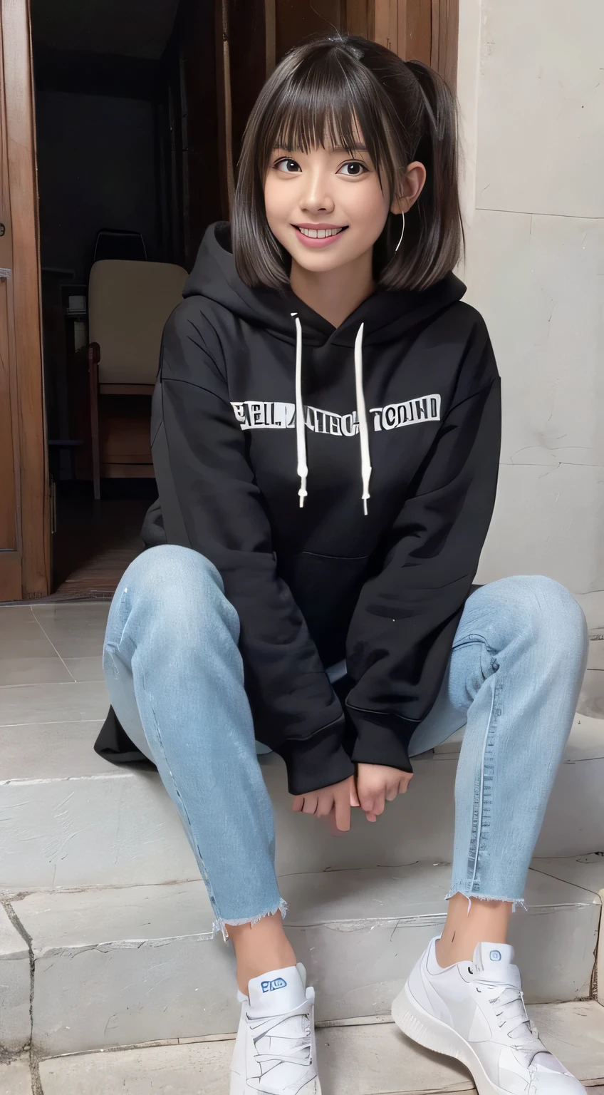 highest quality, Realistic, Very detailed, Finer details, High resolution, 8k wallpaper, One beautiful woman,Sit on the stairs、(Wear black socks)smile、(Beautiful teeth alignment、)(Gums are visible) Oversized hoodie, Skinny jeans,( Black sneakers)、Black Hair、 Beautiful Bangs、ear piercing、Perfect dynamic composition, Beautiful and detailed, Full Body Shot, A big smile