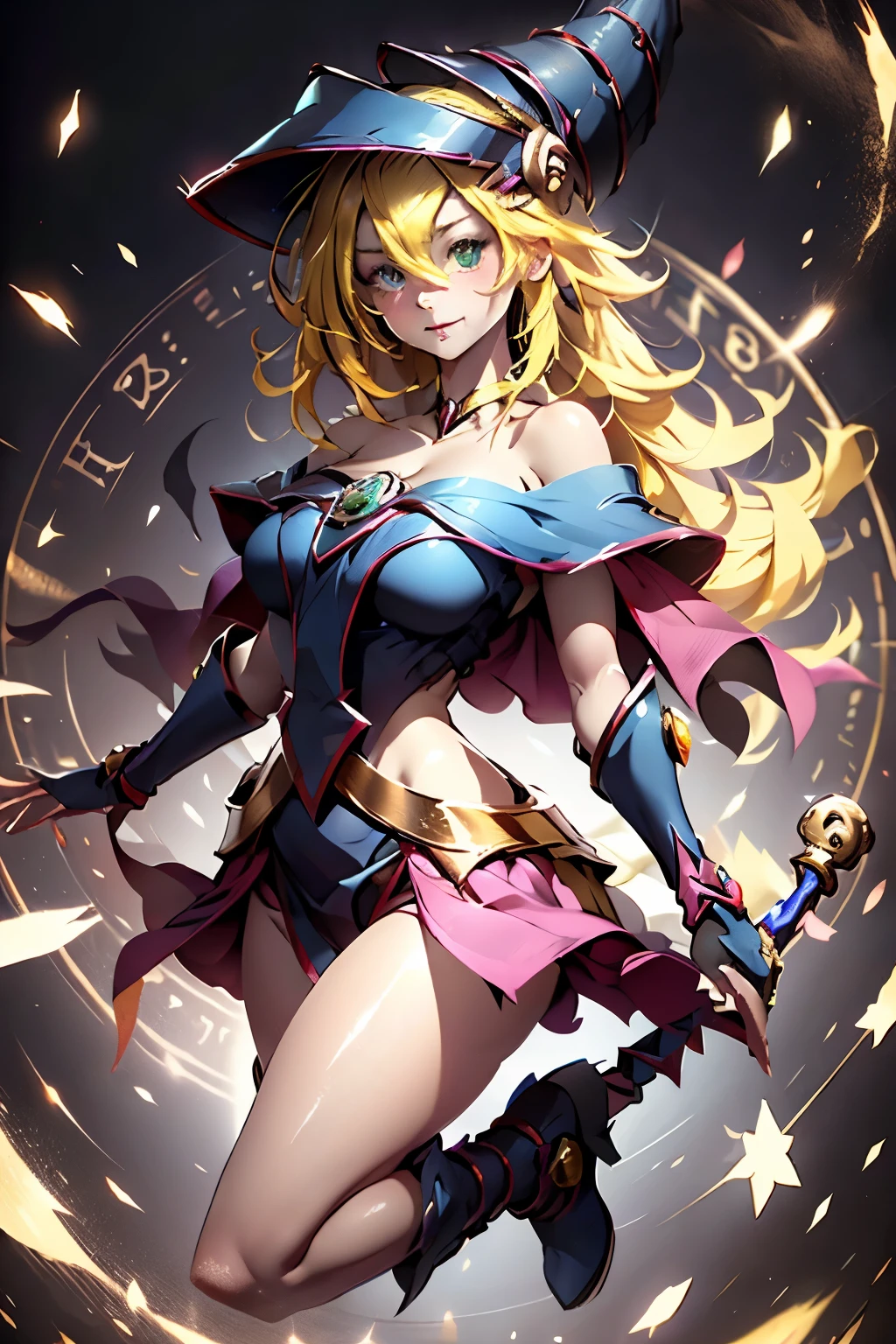 (8k,fotorrealista raw photography the highest quality;1.4) (1chica en) Super belleza (cara realista) cuerpo femenino (Rubia de rizos largos) Hold a black and red magic wand Escena de combate Magic hat with black and gold exterior Beautiful expression Deslumbramiento (Piel de aspecto real) (Giles magos oscuros) tentador super high resolution Un hiperrealista Alto detalle foto de cuerpo completo restos