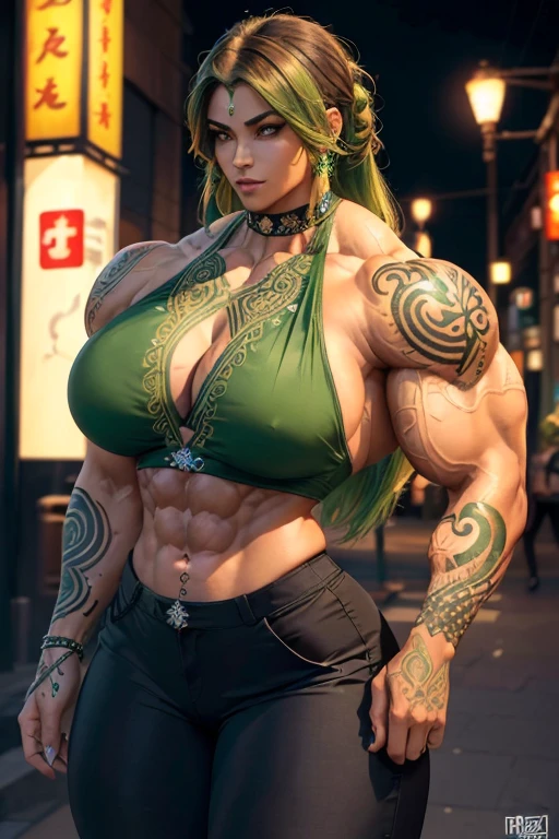 ((((Massive tall, beautiful, buff, brown skinned muscular woman with green hair, tattooed body adorned with intricate designs, ginormous bulky muscles, and wearing a beautiful silk black halter top with black pants)))), ((close view)), massive muscle, massive biceps, hyper muscle shoulders, ((massive muscle arms)) vascular shoulders, hyper muscle triceps, (curvy long hair), orange eyes, ((tattooed body adorned with intricate designs)), choker, (pants), high heel boots, (in a crowded Tokyo street), confident smile, night, hyper vascular arm, hyper muscles arms, hyper muscle legs, (massive arms).