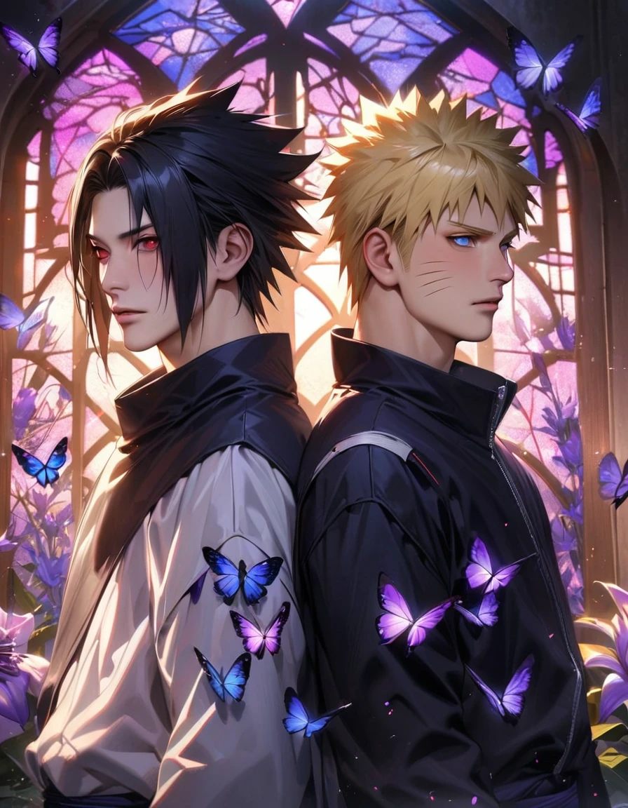 absurdres, highres, ultra detailed, HDR, master piece, best quality, realistic face, Uchiha Sasuke, black hair, expressive red eyes, Naruto Shippuden, Uzumaki Naruto, blond hair, expressive blue eyes, two men together, gay couple, handsome, glass stained window, purple shining butterflies, purple lilies, purple petals