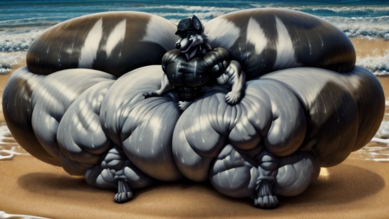 4k, high resolution, best quality, perfect lightning, perfect, solo, anthro, young, boy,white wolf:2.0, furry body, (fluffy mane:1.2), fluffy tail, male, adult, (bulky2:0, thick muscles2:0, huge muscles:2.0, hyper muscles:2.0), (thick biceps, veiny biceps, broad shoulders:2.0), (thick legs, thick calves:1.1), (digitigrade legs, 4 toes:1.2), perfect colors, (photorealistic fur, detailed fur, epic, masterpiece), ( posing:1.2), ( smile,  grin 1.3), detailed beach,detailed wolf eyes:2.0, by k0suna, by darkgem，nipple ring，hyper arms:2.0，veins,white body,white fur,hyper :2.0,hyper paws:2.0，standing，thick legs，thick butts:2.0,sweat body:2.0,massive :2.0,black hat,hyper :2.0,huge ass,long legs,juicy :2.0, like a wall:1.5，fat butt,butt fill most of picture:2.0,fat legs