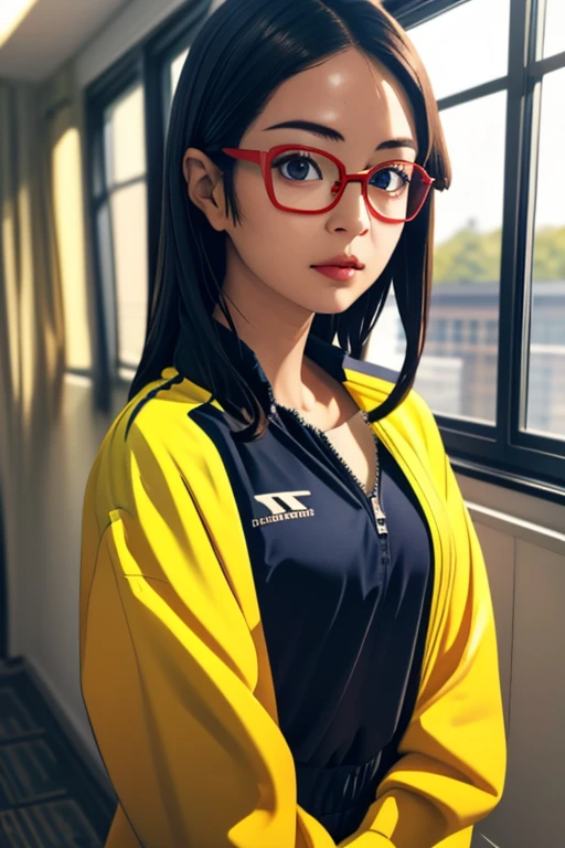 (masterpiece, highest quality), One girl, Satou, Satou, Glasses, 赤いフレームのGlasses, Under-rim eyewear, Satou, Glasses, 赤いフレームのGlasses, Under-rim eyewear, Track jacket, Track pants