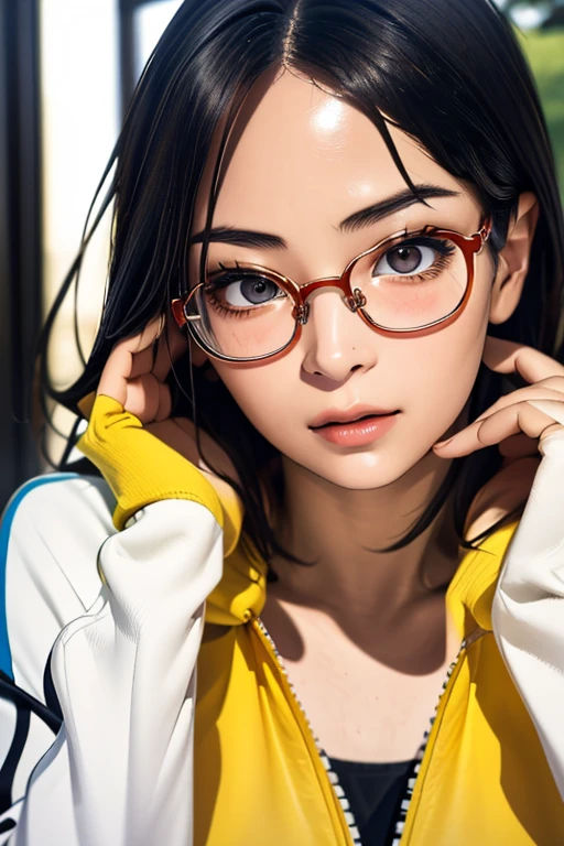 (masterpiece, highest quality), One girl, Satou, Satou, Glasses, 赤いフレームのGlasses, Under-rim eyewear, Satou, Glasses, 赤いフレームのGlasses, Under-rim eyewear, Track jacket, Track pants