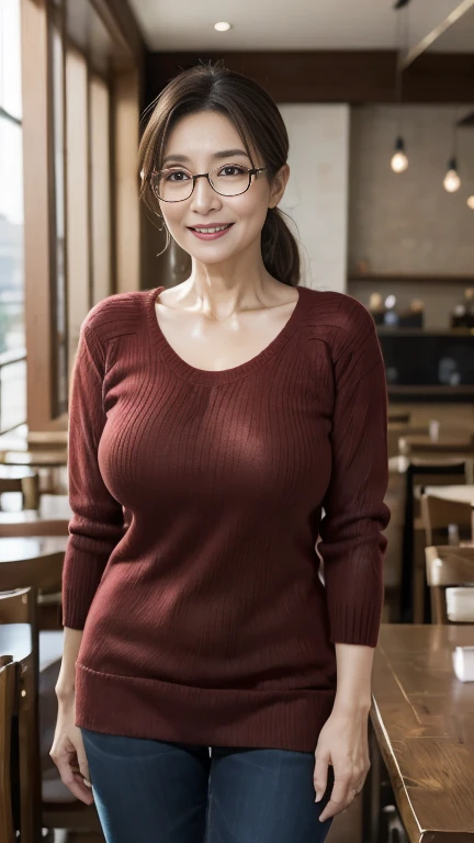 Mature attractive sexy woman,50 years old, Shut,((Big Breasts:1.0)),(Facial wrinkles:1.3),light makeup,Light brown hair、Standing Alone、A good attitude、((Full body photography:0.85)),8k, RAW Photos, highest quality, Laughter,masterpiece,highest quality、A gentle smile、A gaze that seduces viewers、Scrunchies in a ponytail、Inside the family restaurant、Knitted sweater、denim、Sweaty skin、Silver-rimmed glasses、