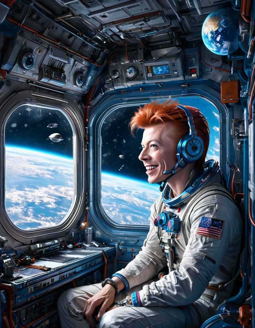 Masterpiece Digital art of 30 yo David Bowie as Major Tom an astronaut inside a brand new cyberpunk space station (looking at blue Earth:1.2), talking to his friend, happy face, smile on his face, light laughter, detailed face, detailed eyes, detailed exicted expression, (side view:1.2), insanely detailed and intricate, cinematic art by greg rutkowski, directional lighting from the space station window