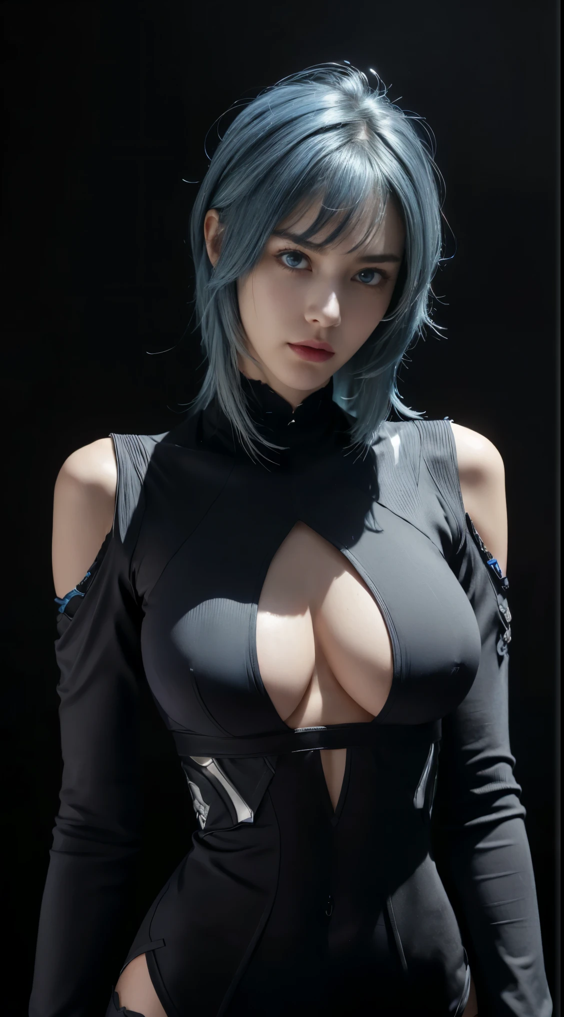 8K, Top Quality, Intricate Details, Ultra Detail, Ultra High Resolution, Masterpiece, close up shot, (full body: 1.1), Slender, Smile, (Makeup: 0.4), (Fluffy Blue Eyes: 1.21), (()), 1girl, solo, 1 girl, ((blue hair, bangs)), close up shot, , ((tall)), (((fit body))), (((slim face))), sharp face, (()) ,(detailed face), sharp face, small lips, , , ,
((, )), , ((cyber suit, cyberpunk suit)), detailed face, detailed breast, , ((large breast, huge , , Narrow Waist, Skinny, tall , 190 cm tall, Muscular, Navel, Exposed Abdomen, Pointed Chest,, Beautiful girl with accentuated slender abs: 1.4, Six Pack Abs: 1.4, Bust Botox, Big, Perfect Body, detail leg, (( dark background)), black background,