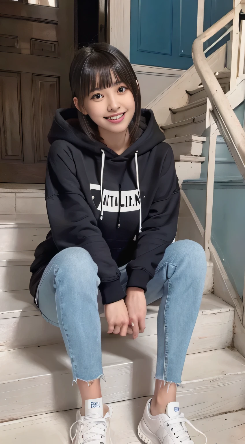 highest quality, Realistic, Very detailed, Finer details, High resolution, 8k wallpaper, One beautiful woman,Sit on the stairs、(Wear black socks)smile、(Beautiful teeth alignment、)(Gums are visible) Oversized hoodie, Skinny jeans,( Black sneakers)、Black Hair、 Beautiful Bangs、ear piercing、Perfect dynamic composition, Beautiful and detailed, Full Body Shot, A big smile
