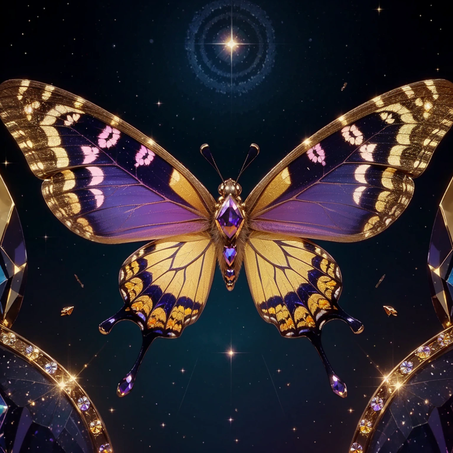 hyper HD, super detailing, Best quality at best, high detal, 1080p, 16k, A high resolution，Butterfly close-up，Butterfly with sparkling surface, amazing symmetrical wings, Magic Crystal Butterfly, Magic butterfly with diamonds, purple sparkles, gold and purple, butterfly bright,, Sparkling gold butterfly, glowing purple, The background is the mysterious cosmic starry sky, butterfly photography, Gemstones and yellow gold rings，(The best illustrations)，(The best shadow)，isometric 3D.octaneratingrendering，Hyper-realistic
